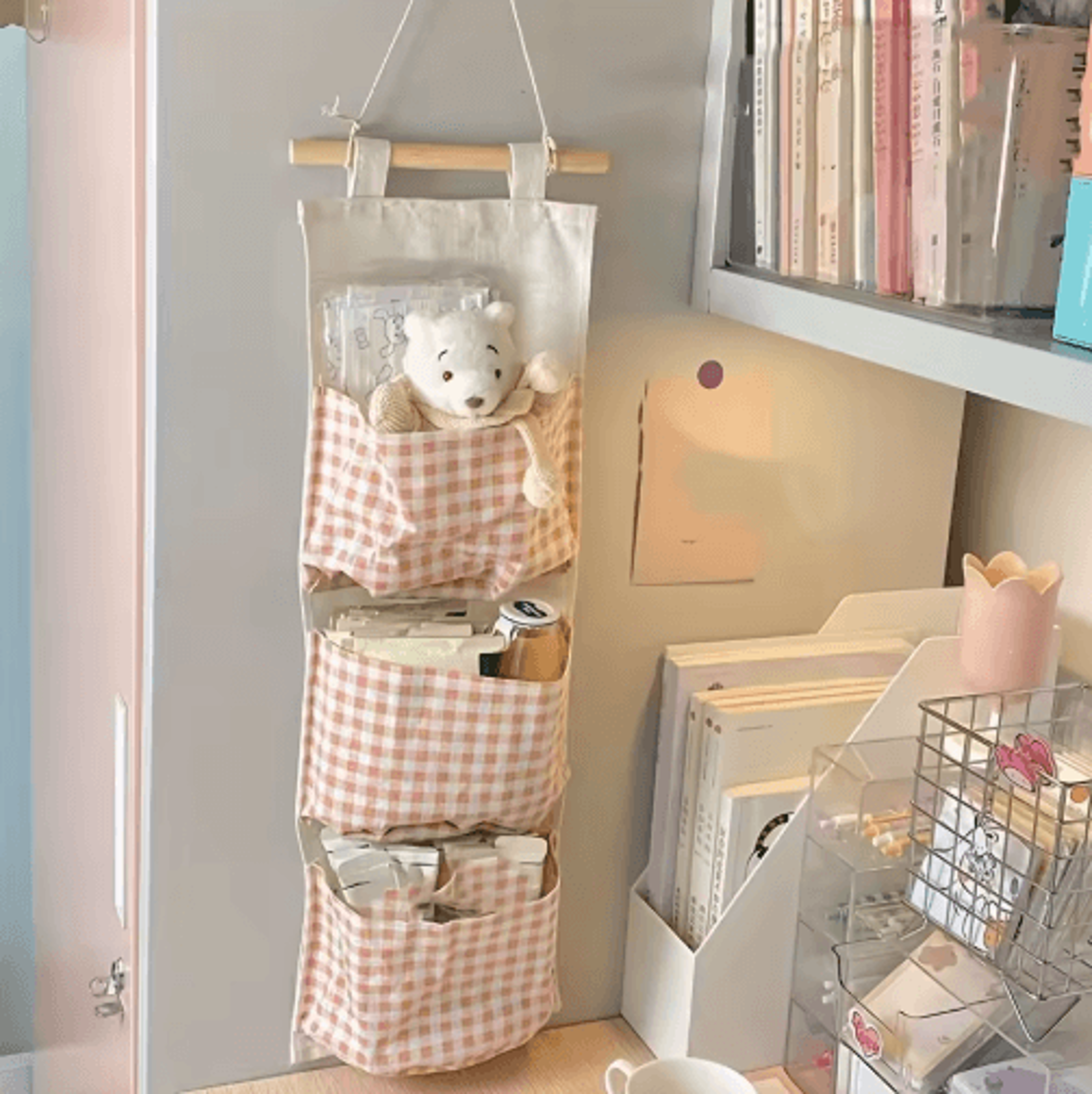 pink checkered multi-pocket hanging storage bag for bedroom organization
