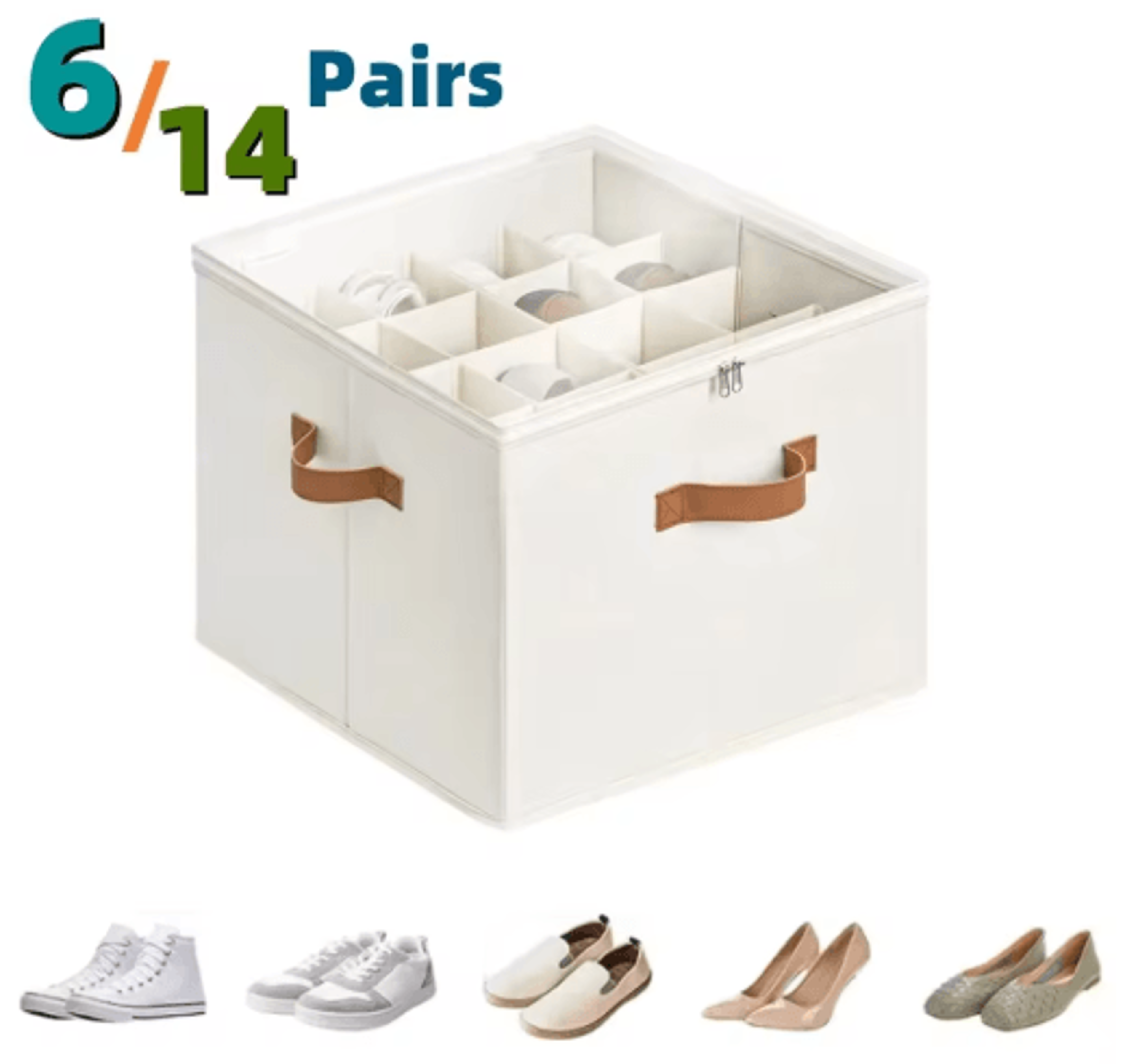 14-pair fabric shoe organizer with cover and adjustable dividers