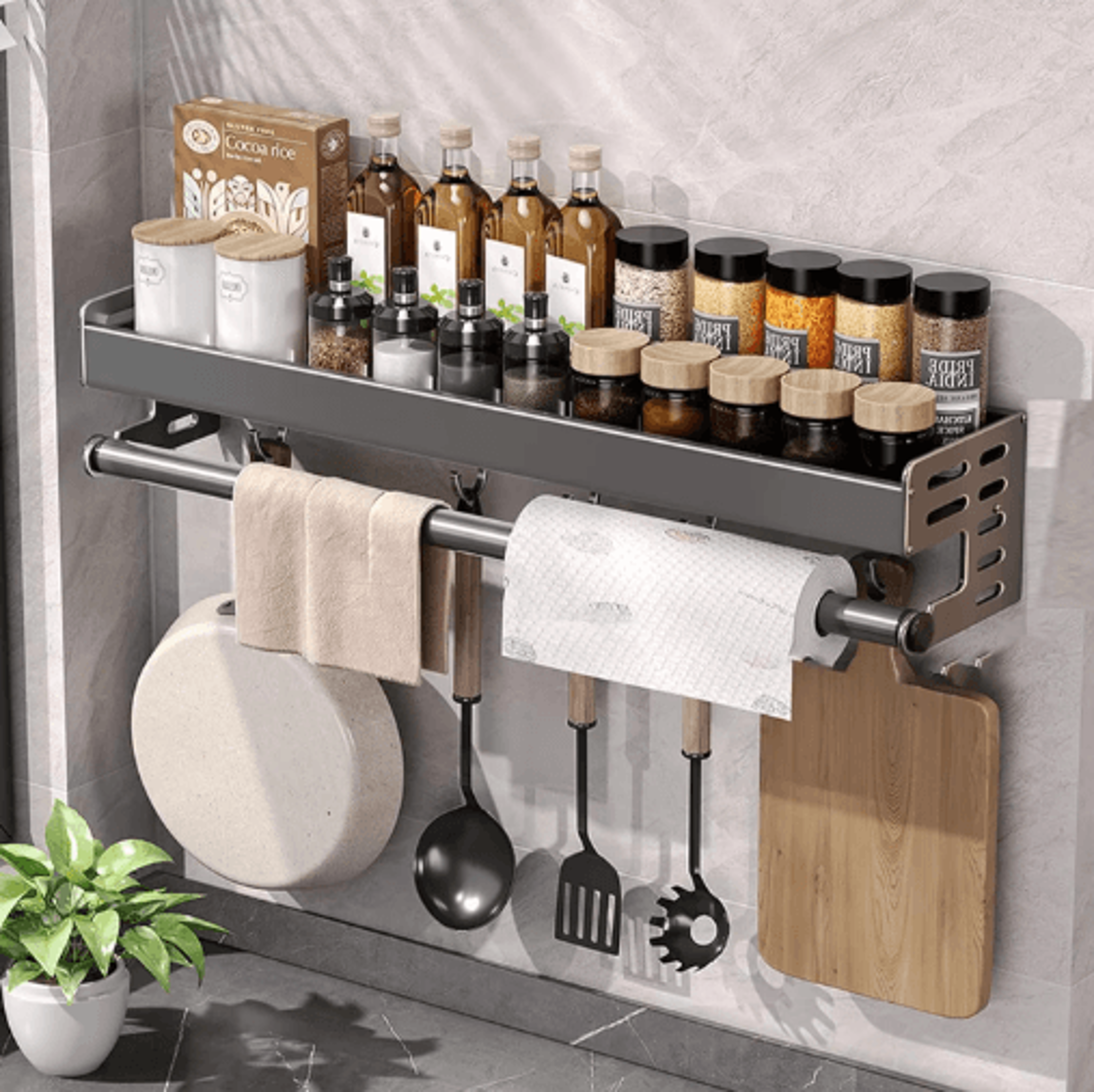 wall mount utensil holder multifunctional spice organizer shelf with hooks