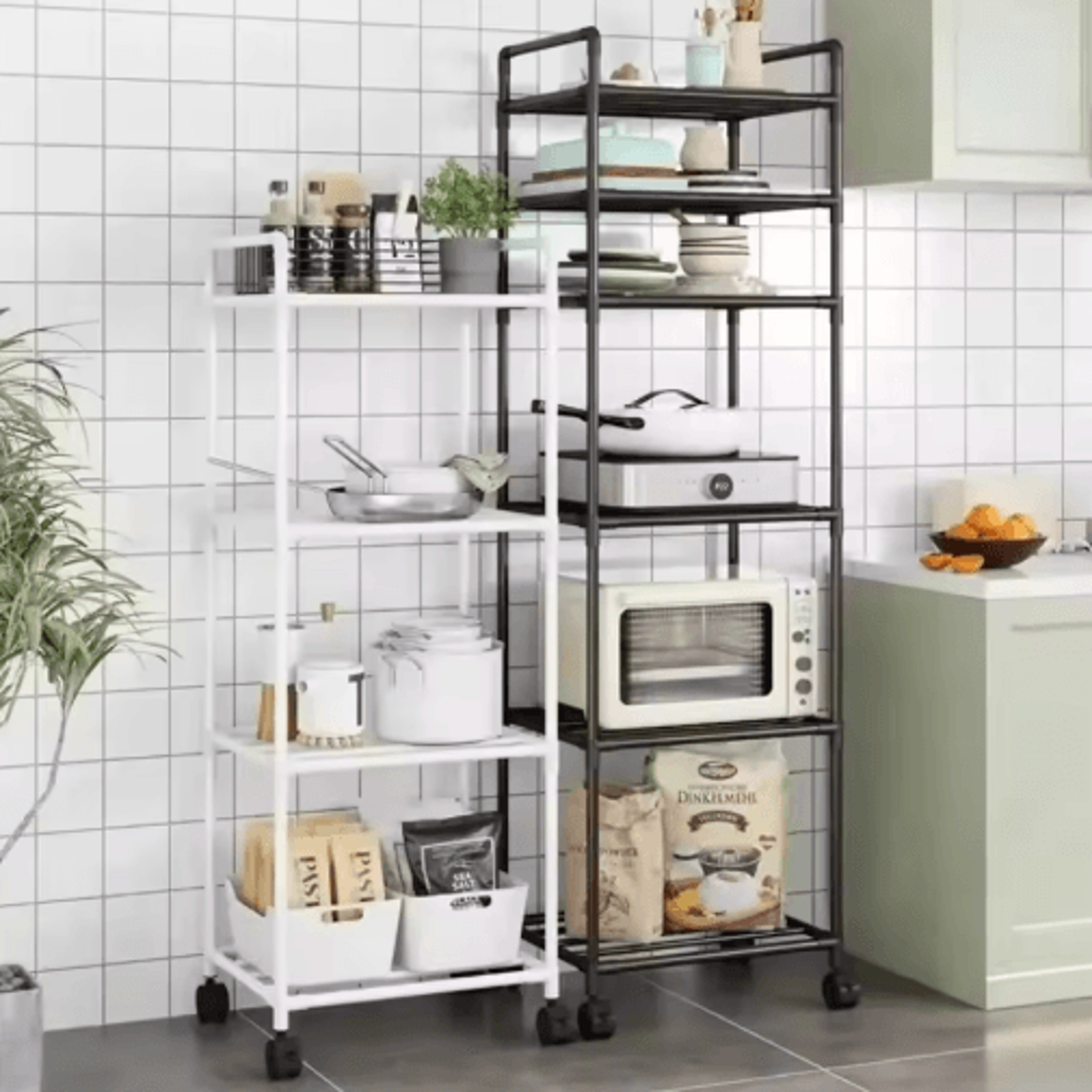 multi-layer floor standing kitchen rack with microwave storage shelf