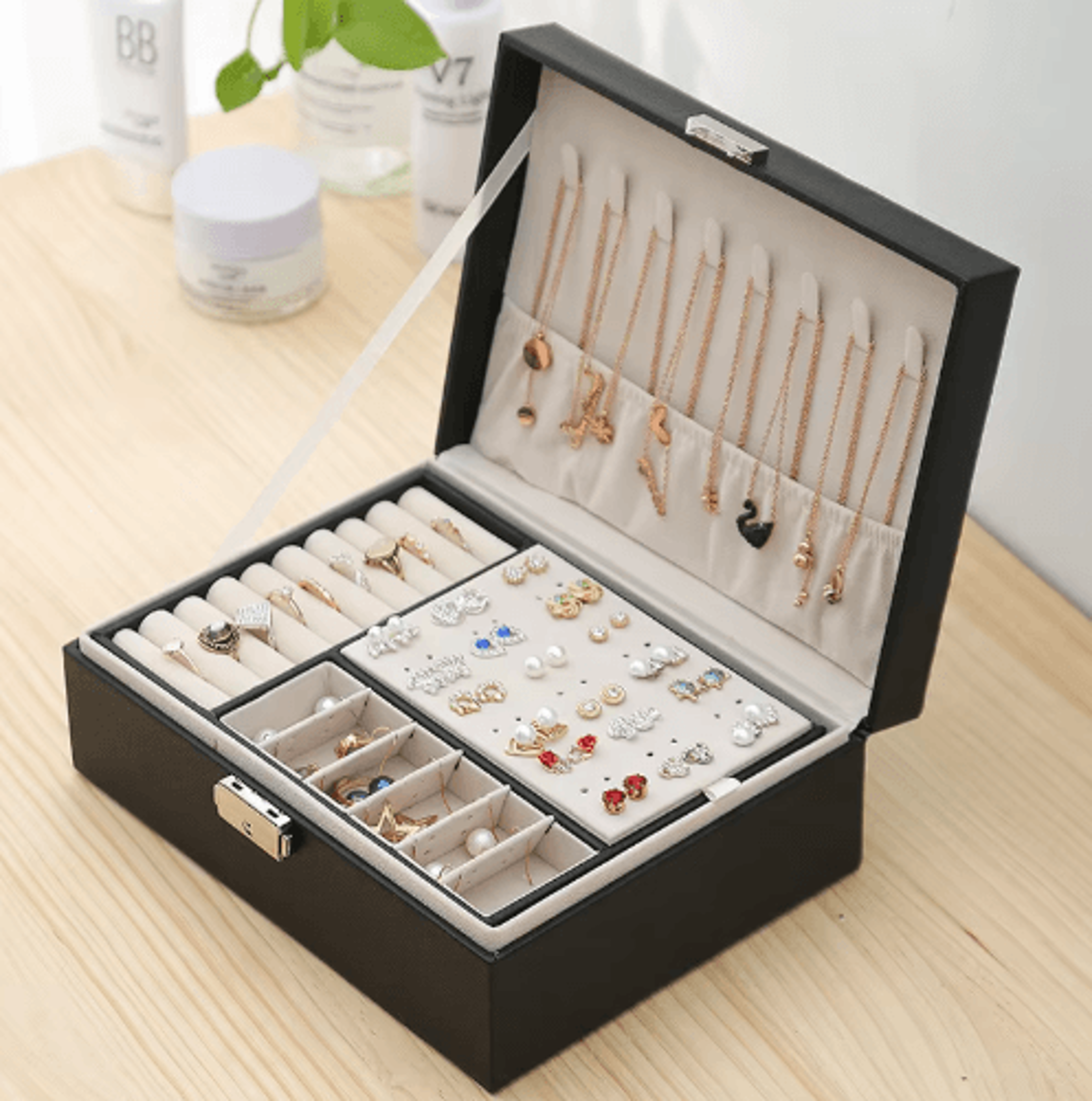 double-layer wooden jewelry box with pu leather organizer & ring storage