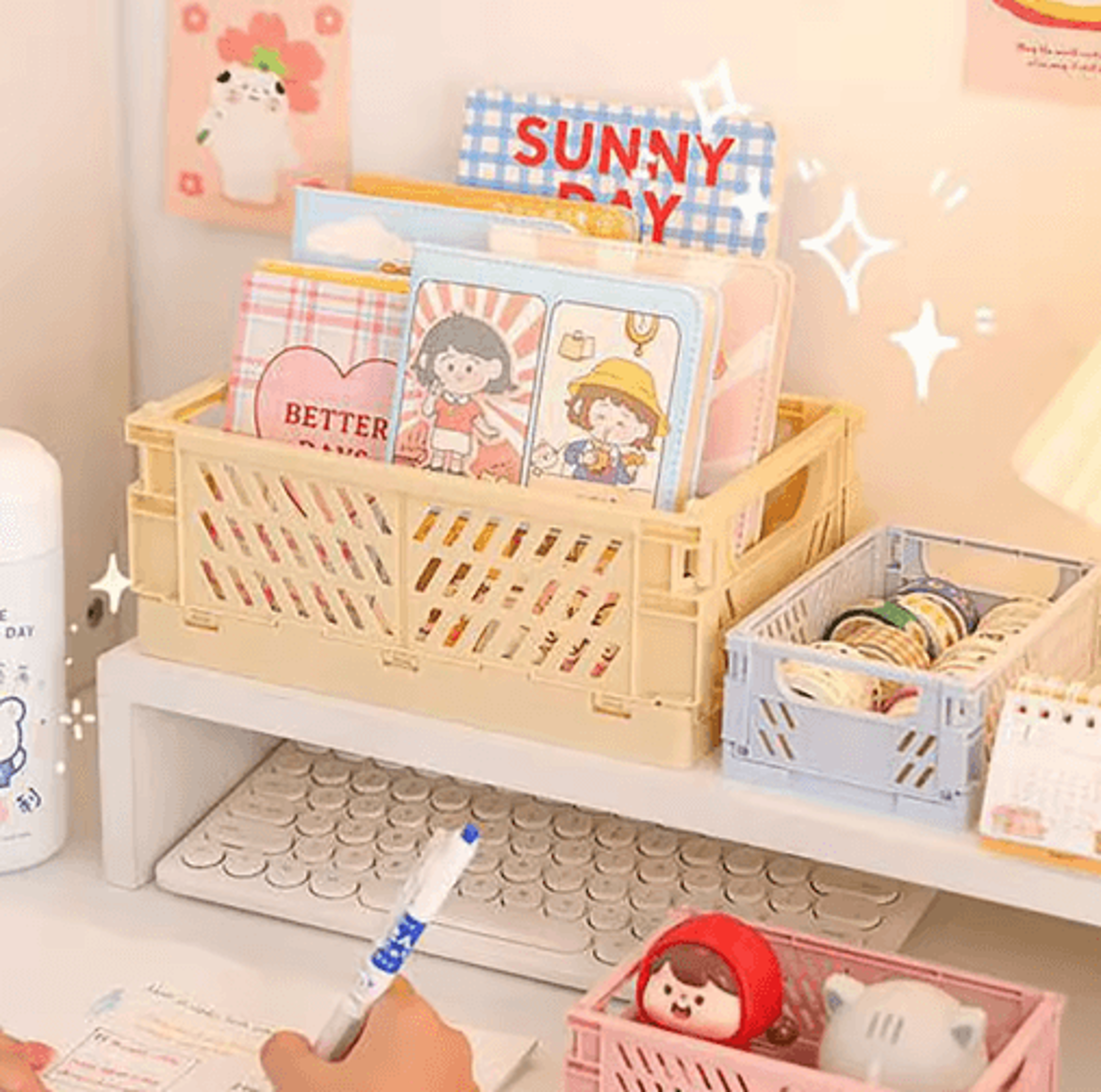 collapsible plastic folding storage crate for desktop and home organization