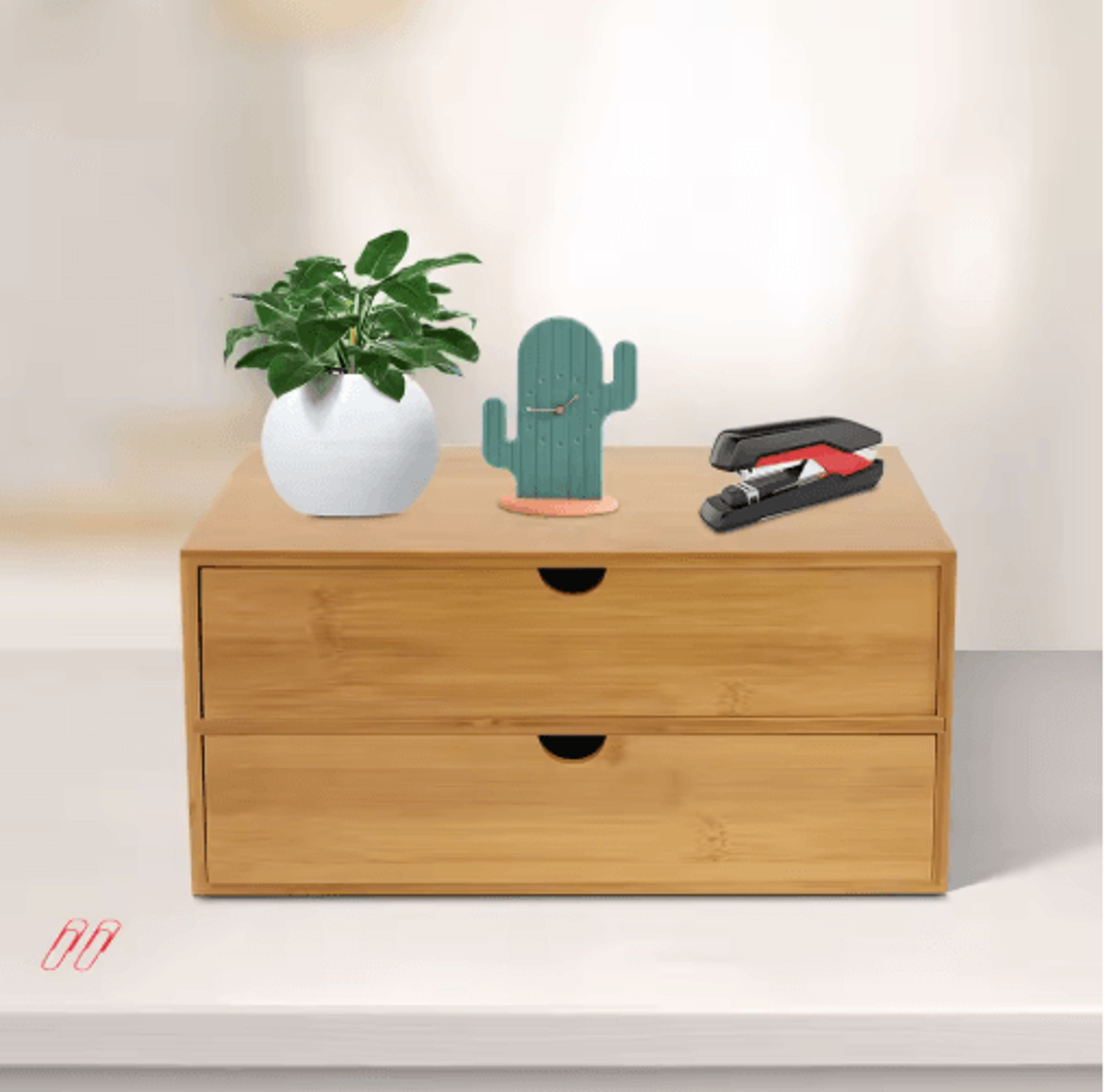 bamboo desktop organizer with 2 drawers for minimalist office storage