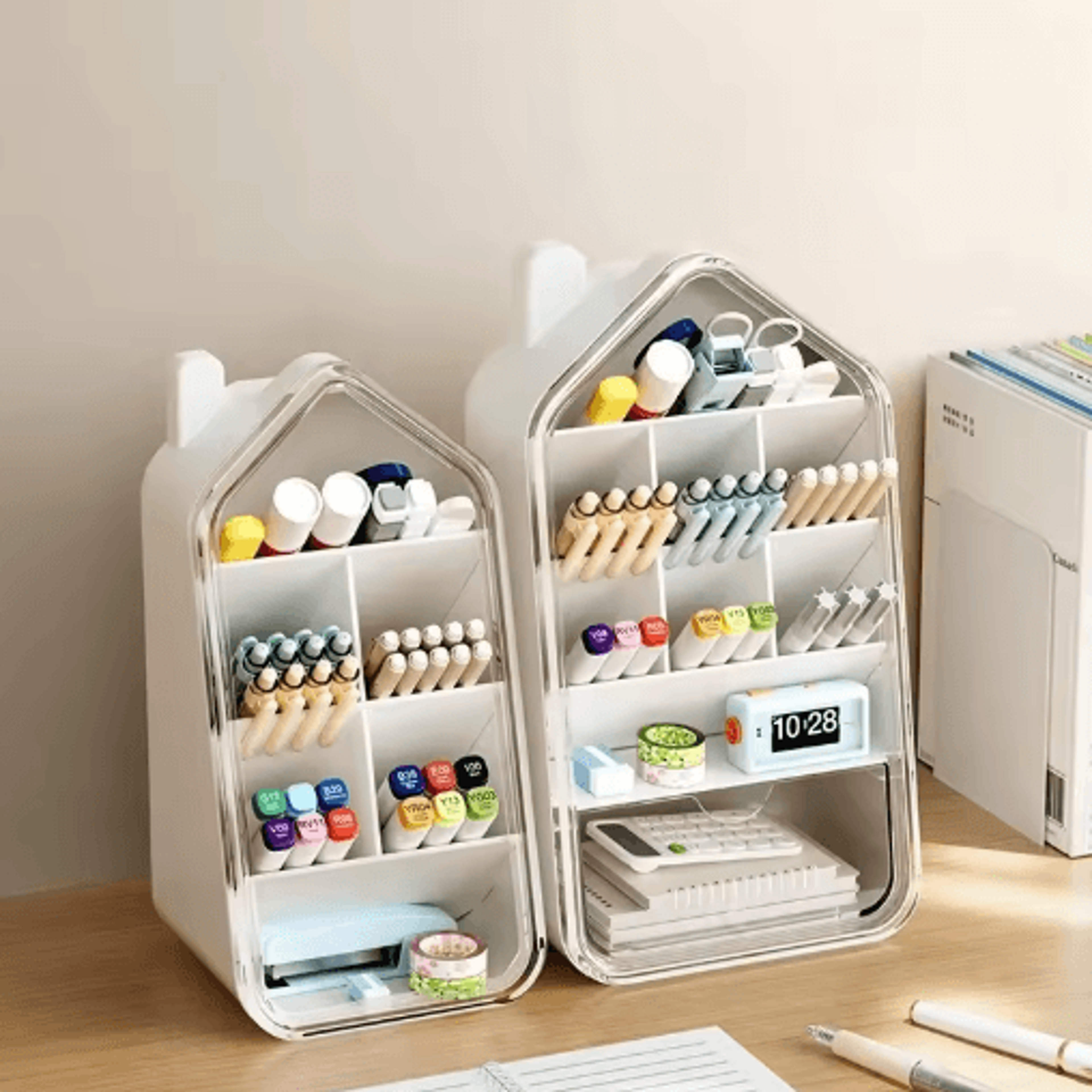 japanese style horizontal pen holder with slanted compartments