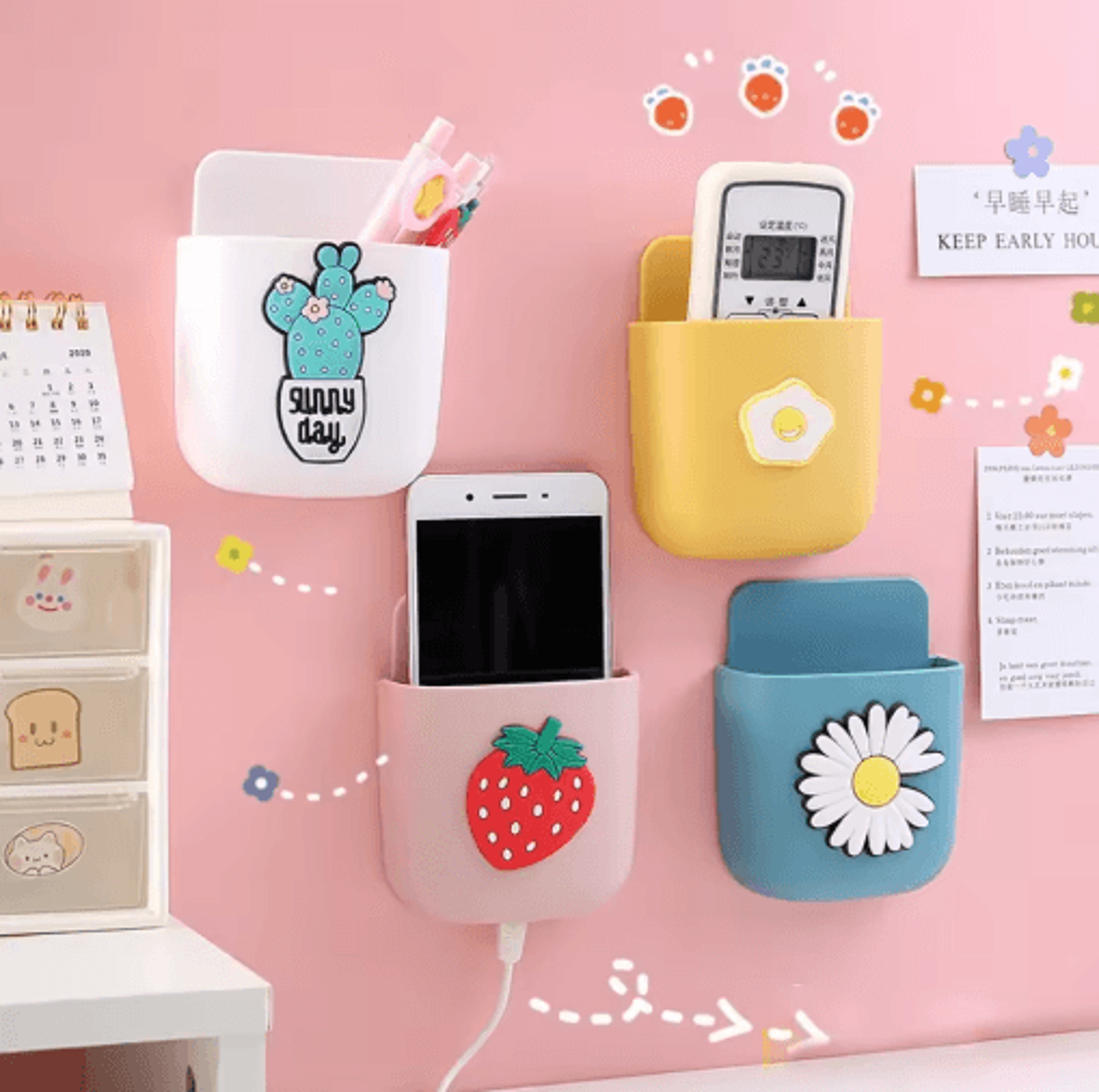 adhesive desk organizer pen & phone holder cute space saving storage rack