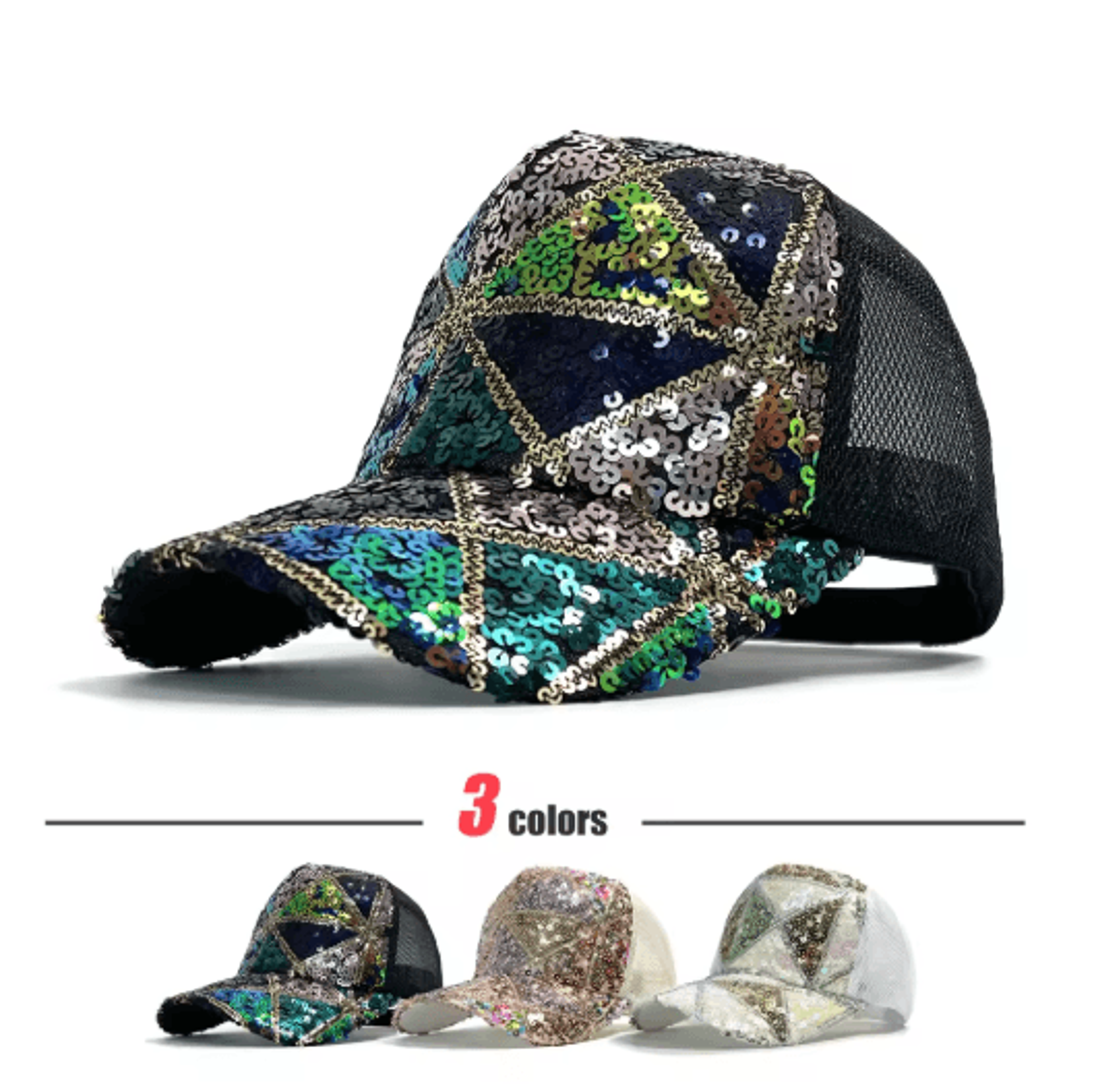 shiny sequin mesh baseball cap adjustable cotton summer sun hat
