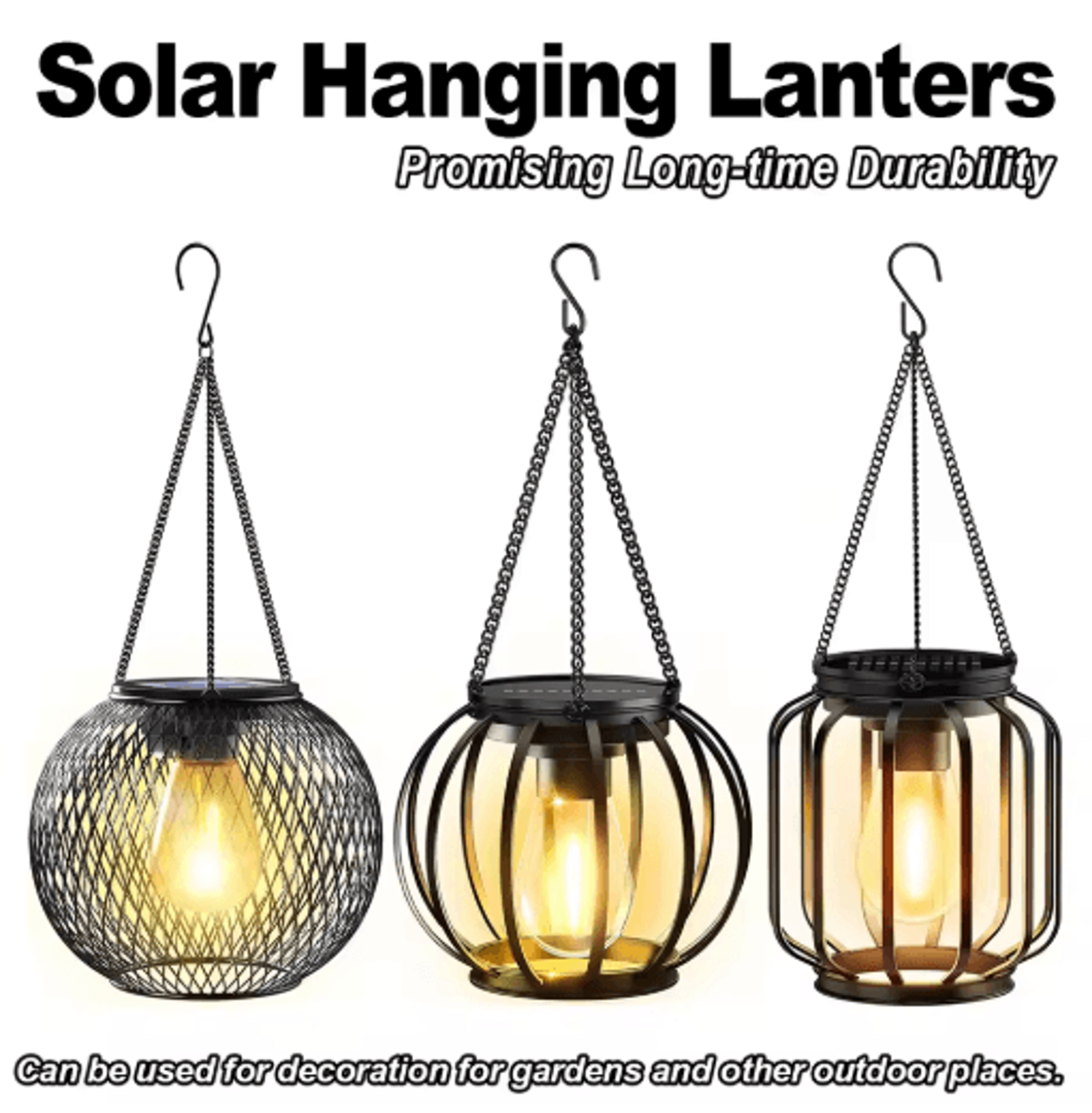 iron-art hanging solar garden lantern – waterproof dusk to dawn outdoor light with chain
