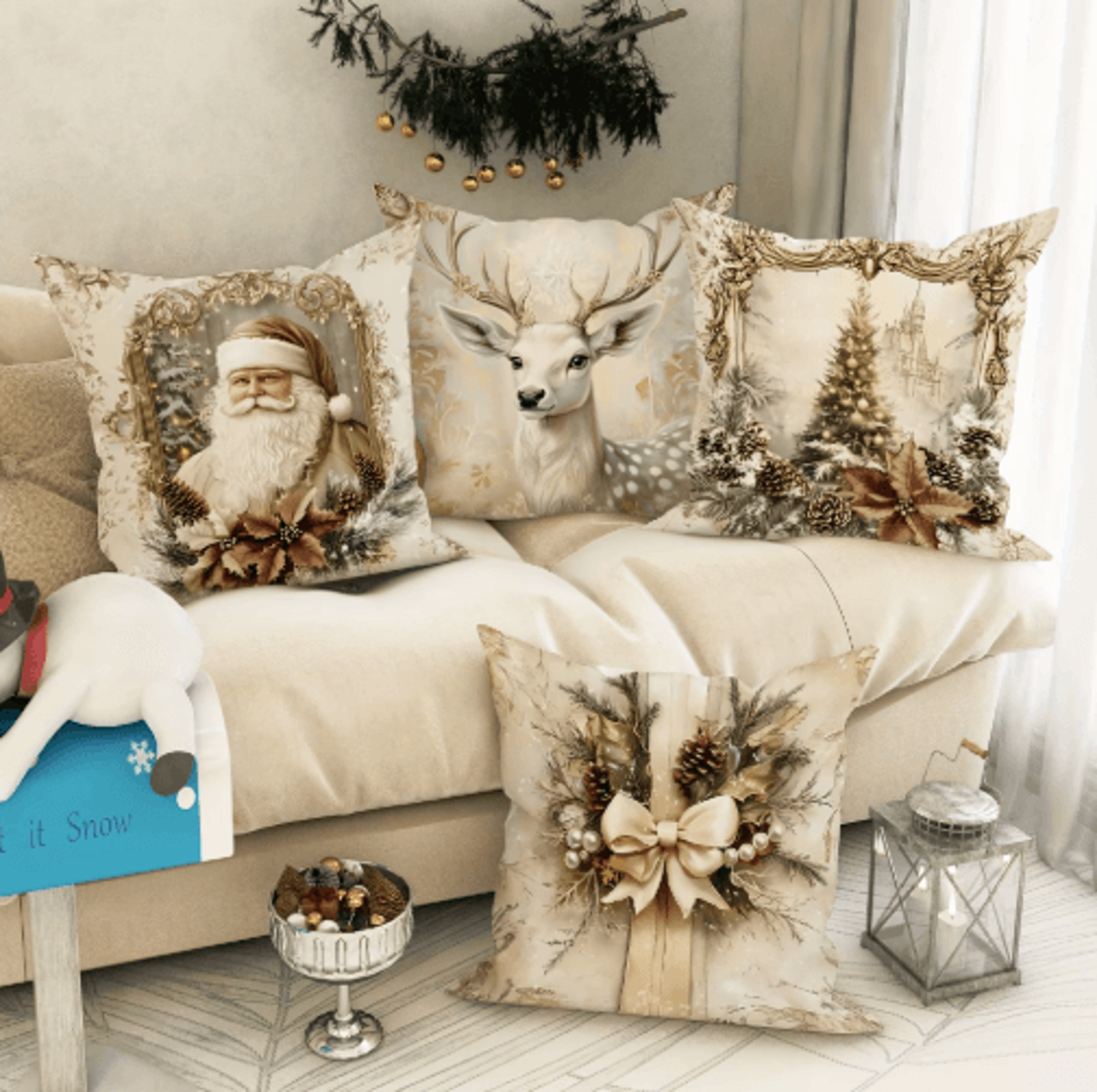 festive christmas pillow cover with santa claus & reindeer design