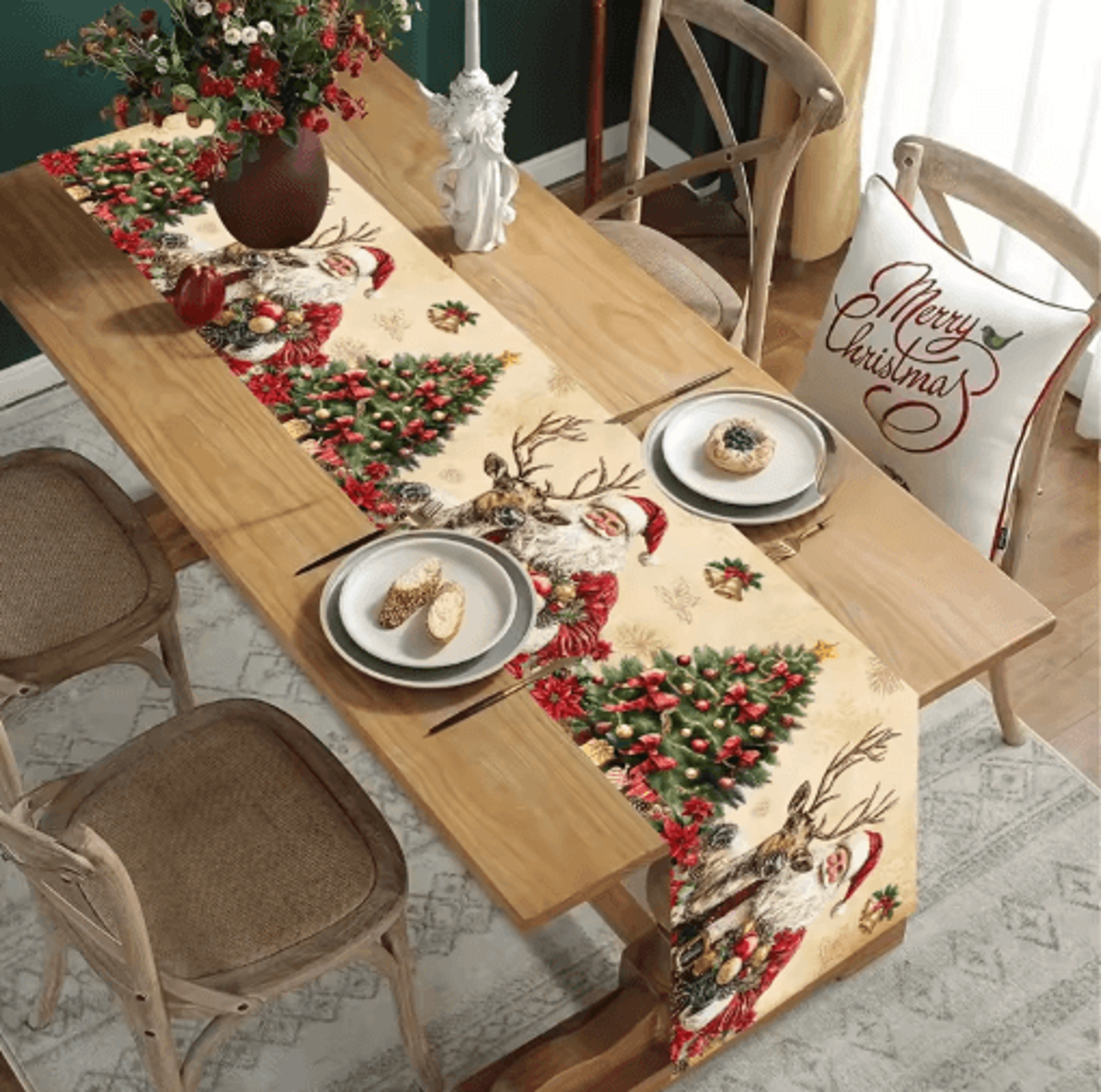 vintage santa claus christmas table runner for holiday dining