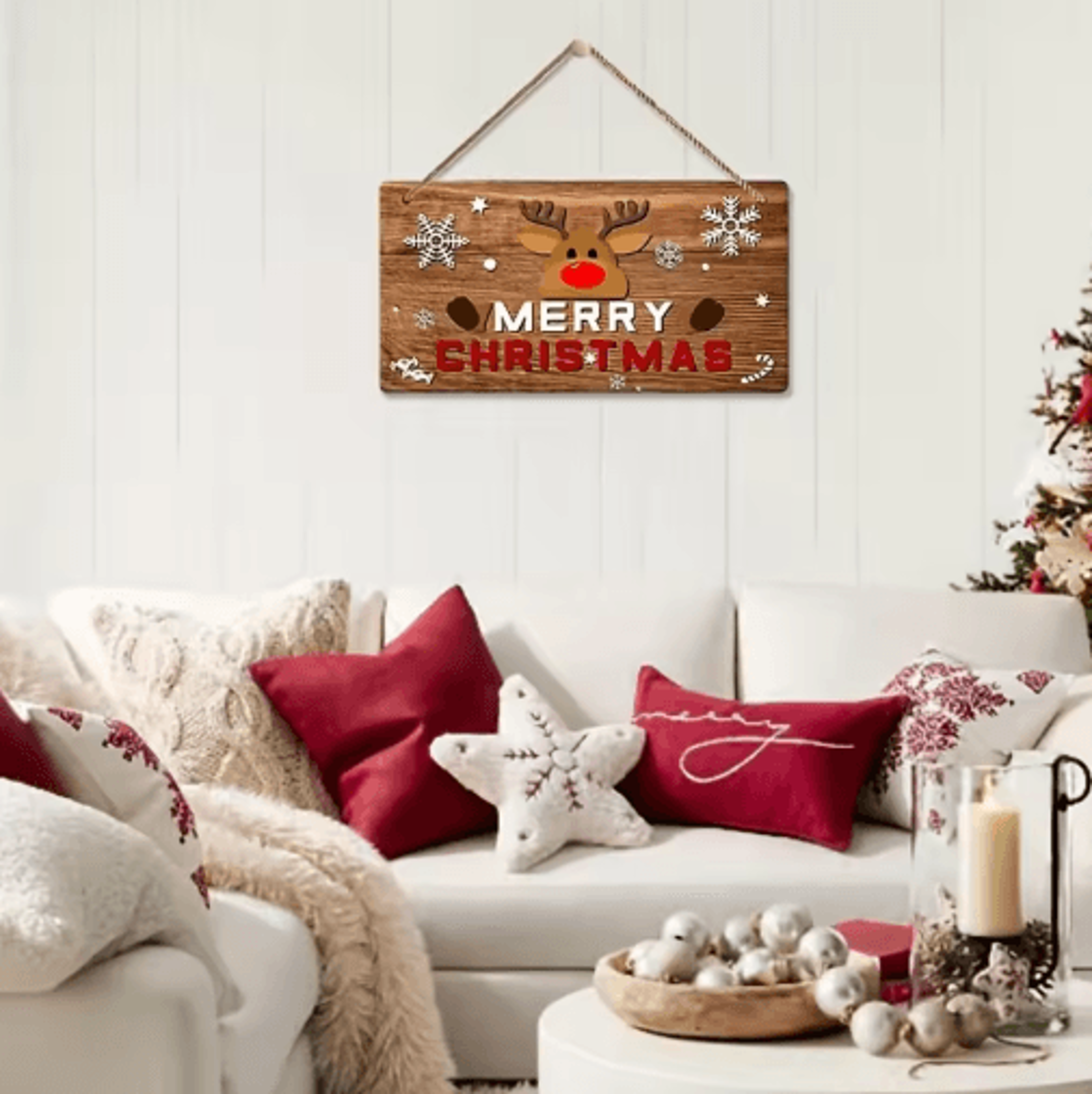 rustic merry christmas wooden wall sign with reindeer & snowflakes