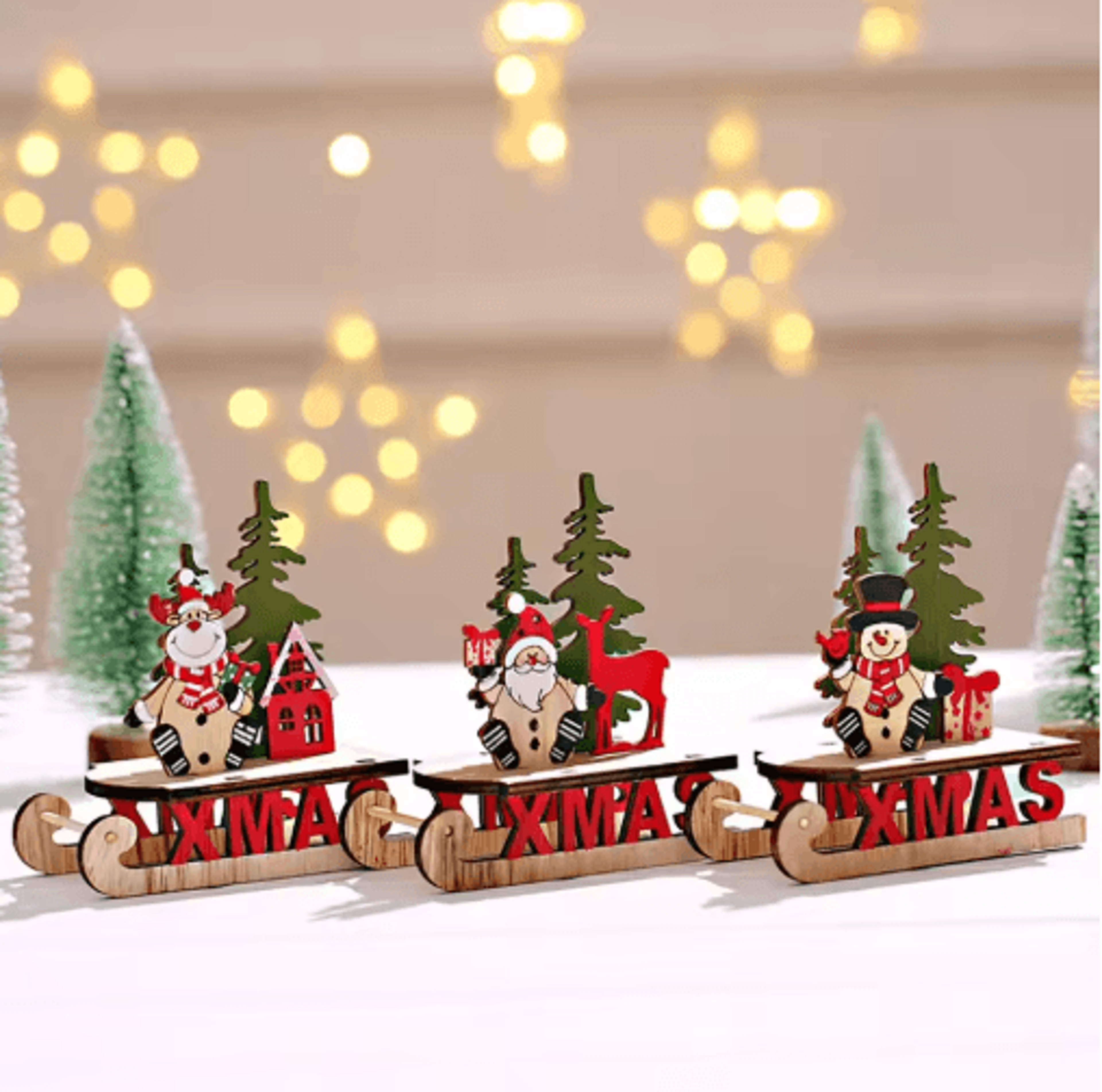 rustic wooden christmas sleigh decoration with santa & snowman