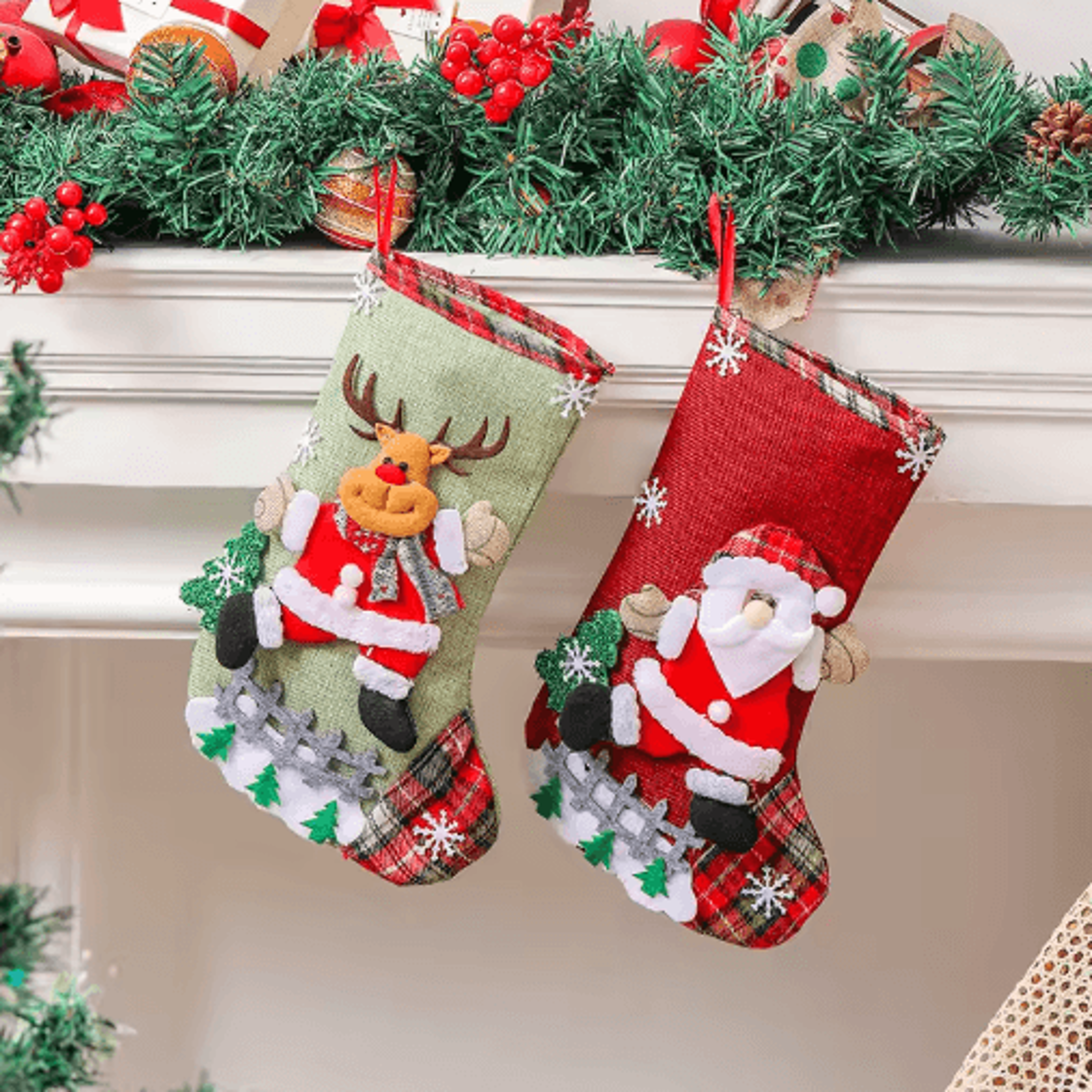 30cm linen christmas stockings – 3d santa & elk hanging holiday candy gift bag