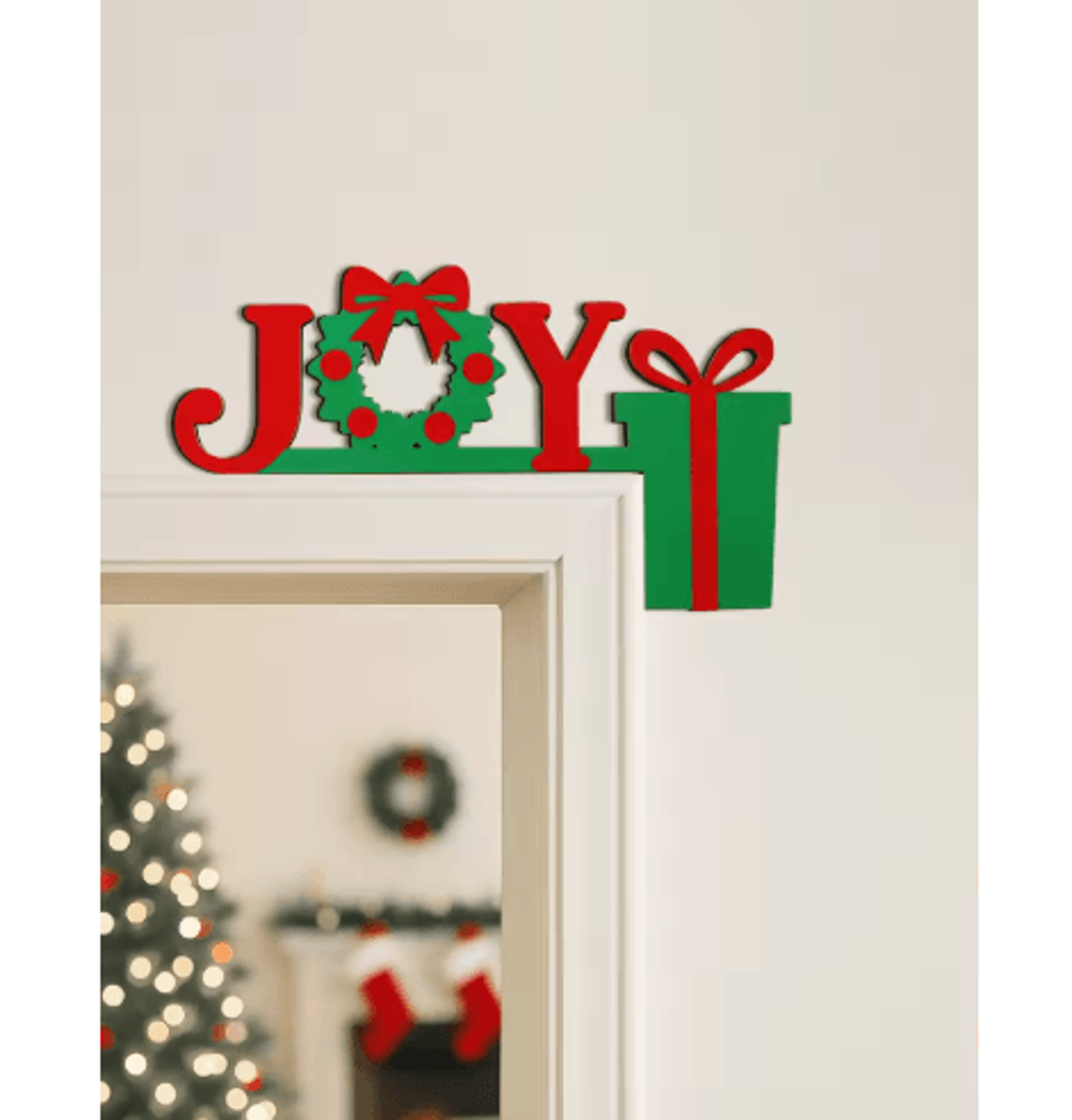 joy wreath christmas door topper – festive red & green holiday hanging decor
