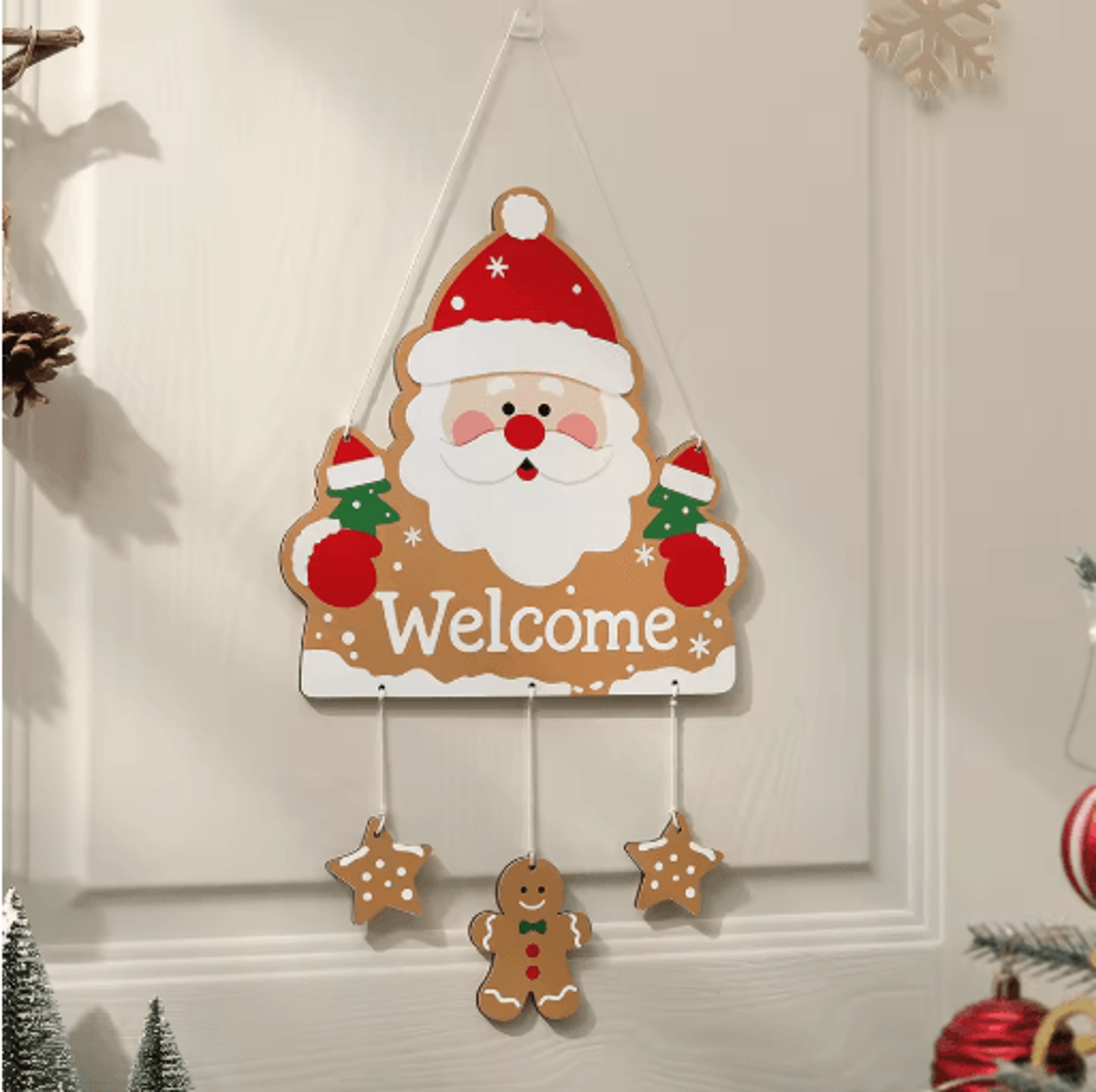 rustic wooden christmas wall hanging decor santa reindeer and stocking holiday ornament
