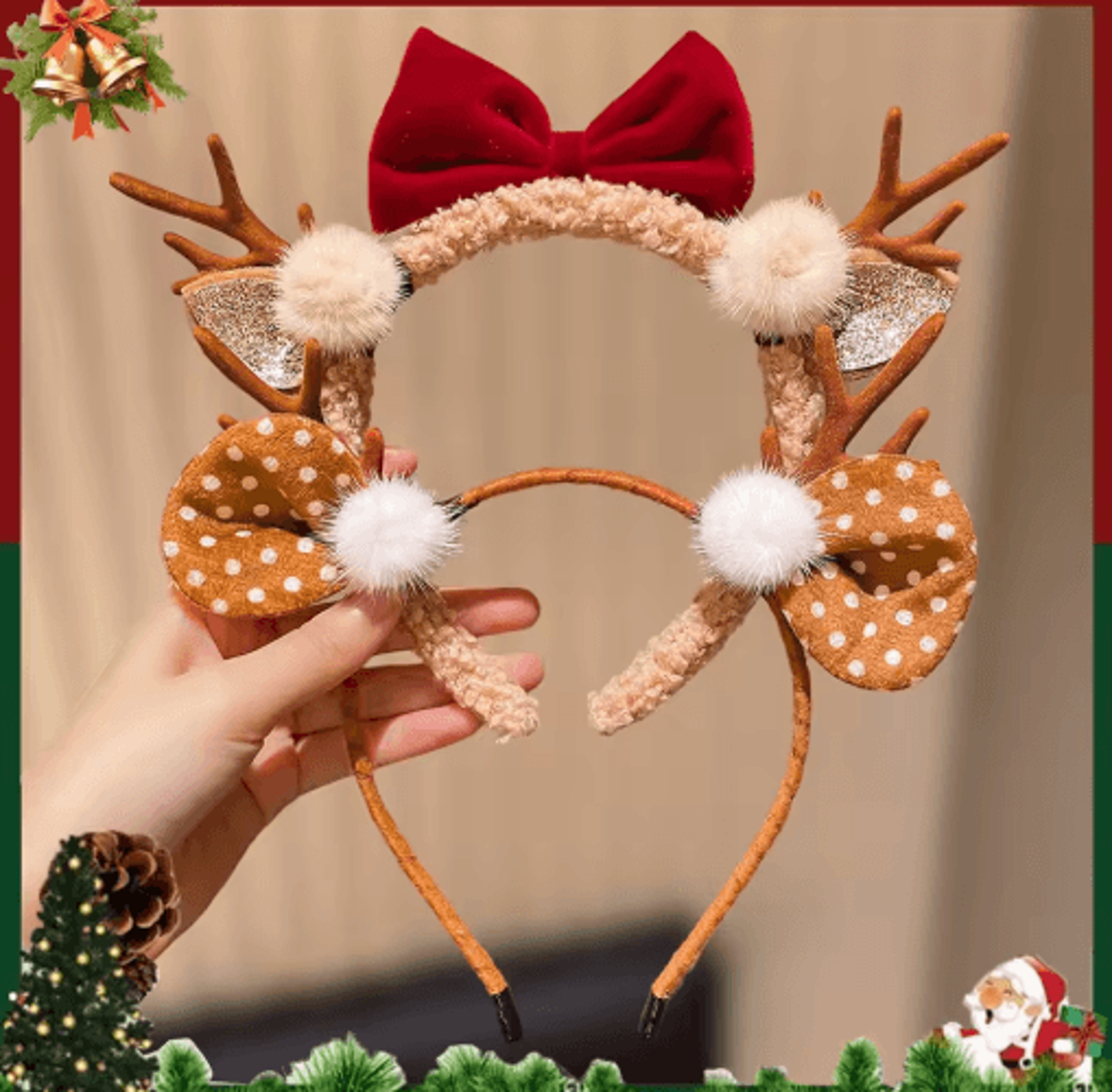 cute christmas antler headband with bow – festive reindeer hair accessory for girls