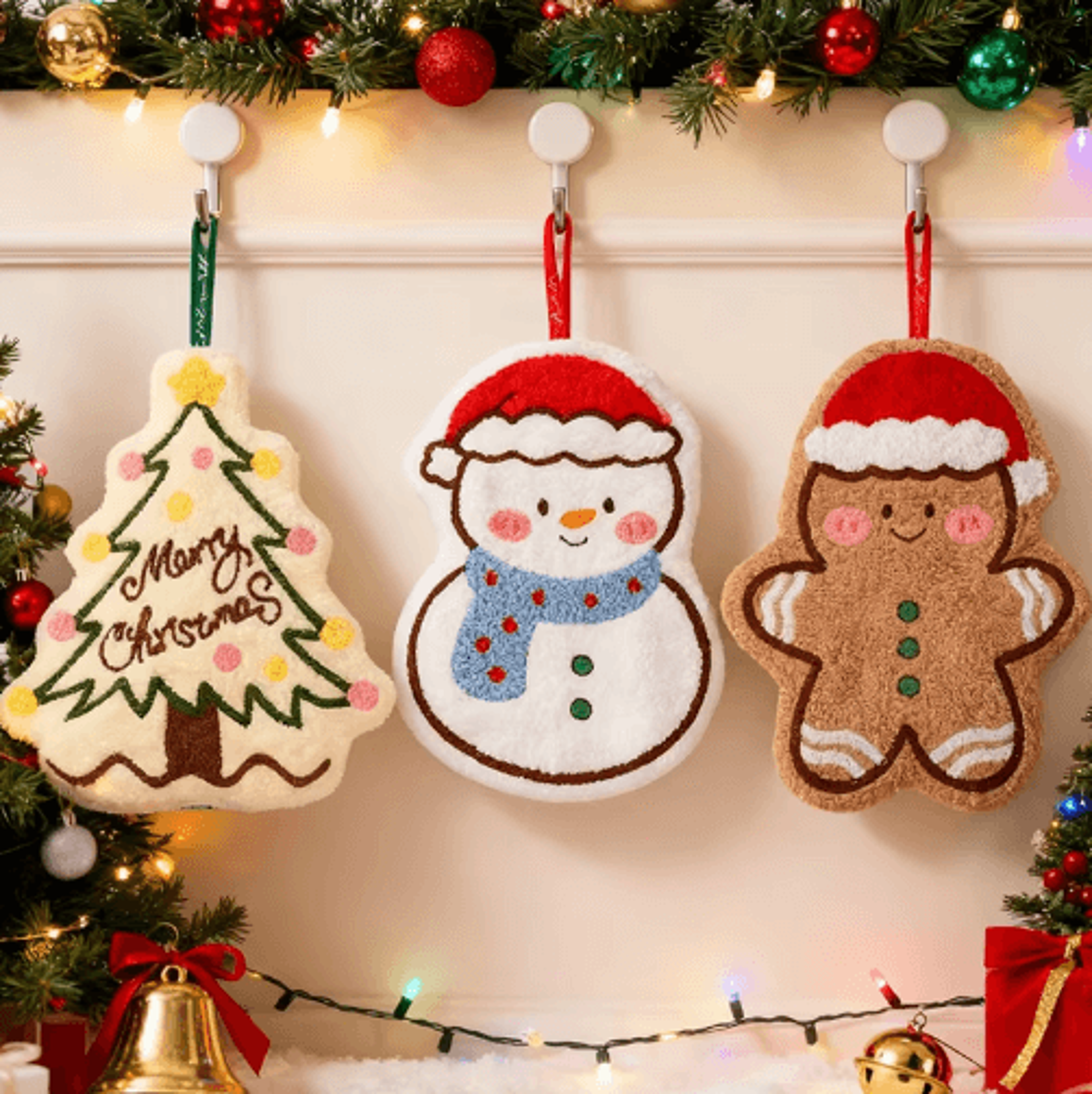 festive christmas hand towel – cute gingerbread man & snowman holiday towel