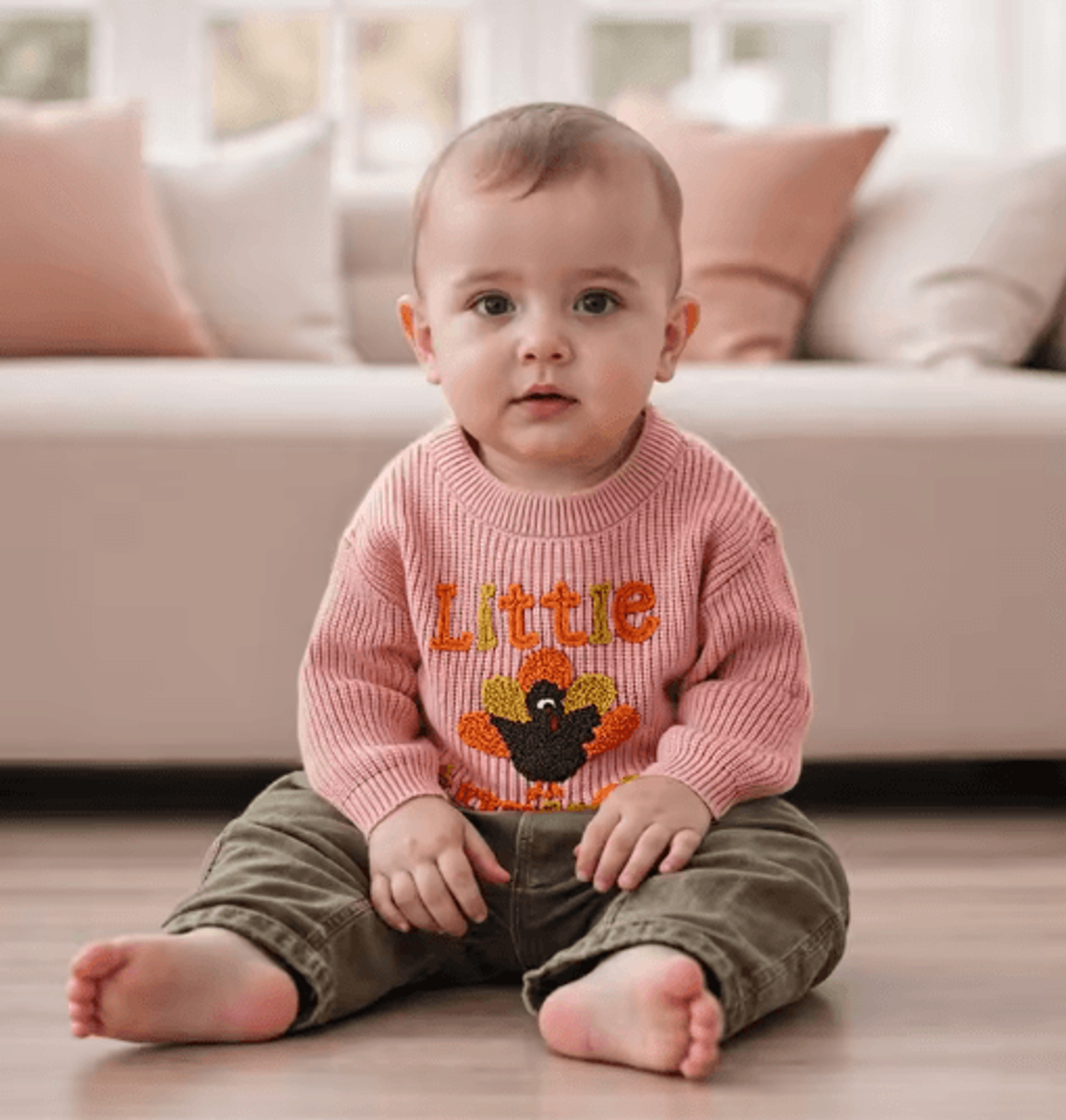 infant thanksgiving sweater with turkey embroidery and crewneck design for cozy fall days - long sleeve knit top for bab