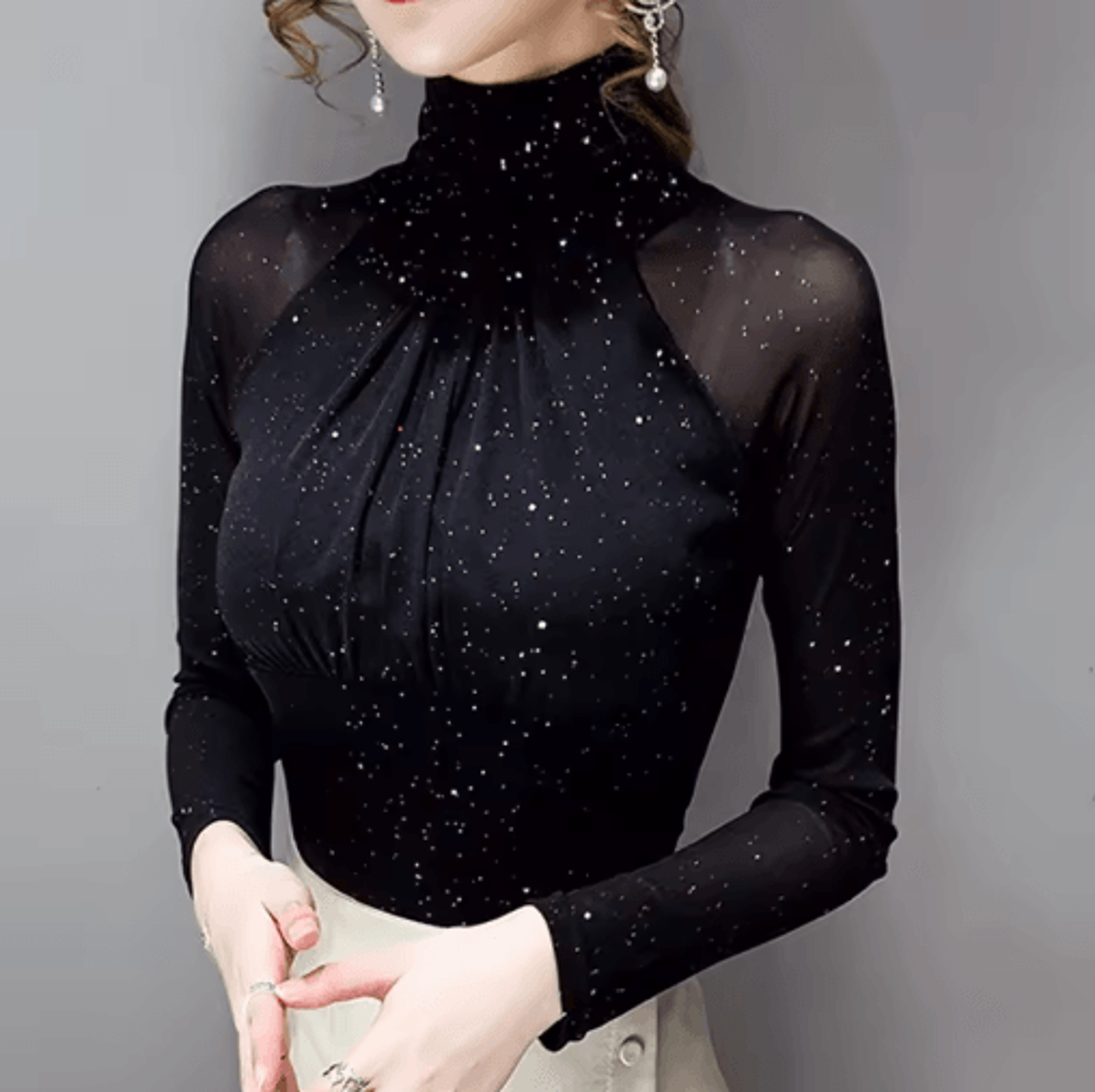 korean style high neck mesh top for women elegant sheer long sleeve blouse