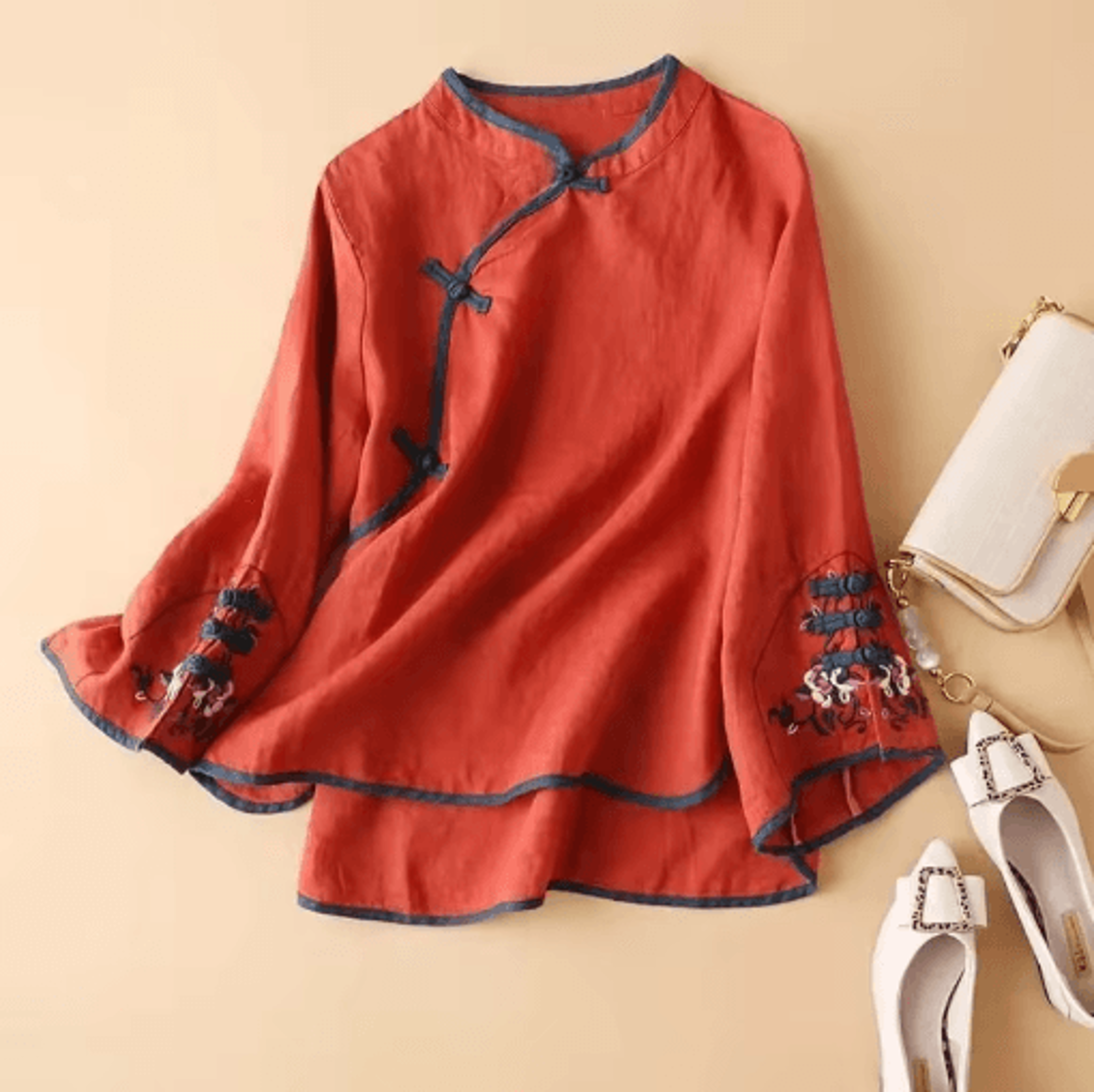 womens chinese style embroidered v neck blouse loose fit artistic spring top