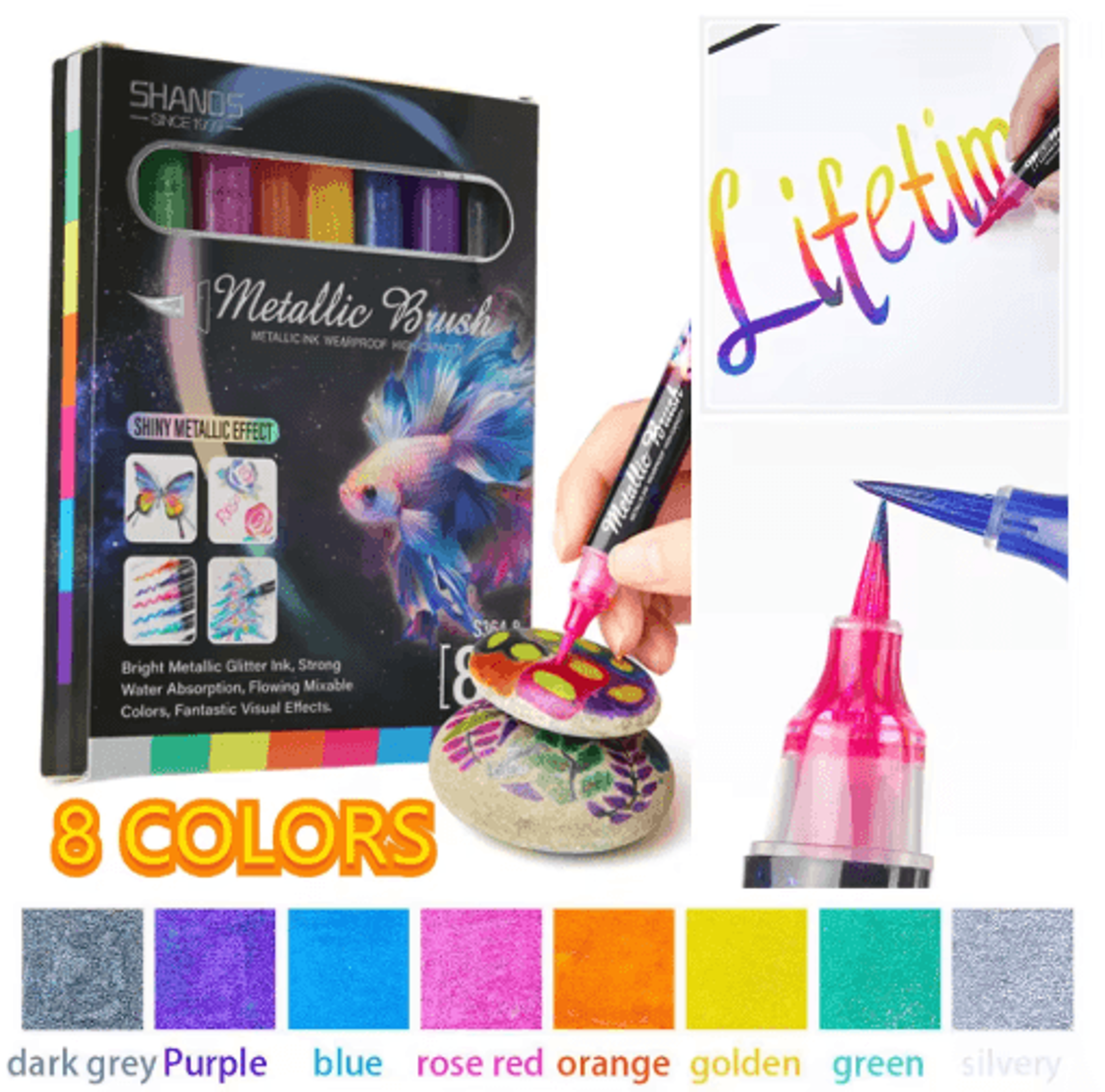8-color metallic glitter brush pens – paint marker set for art & craft