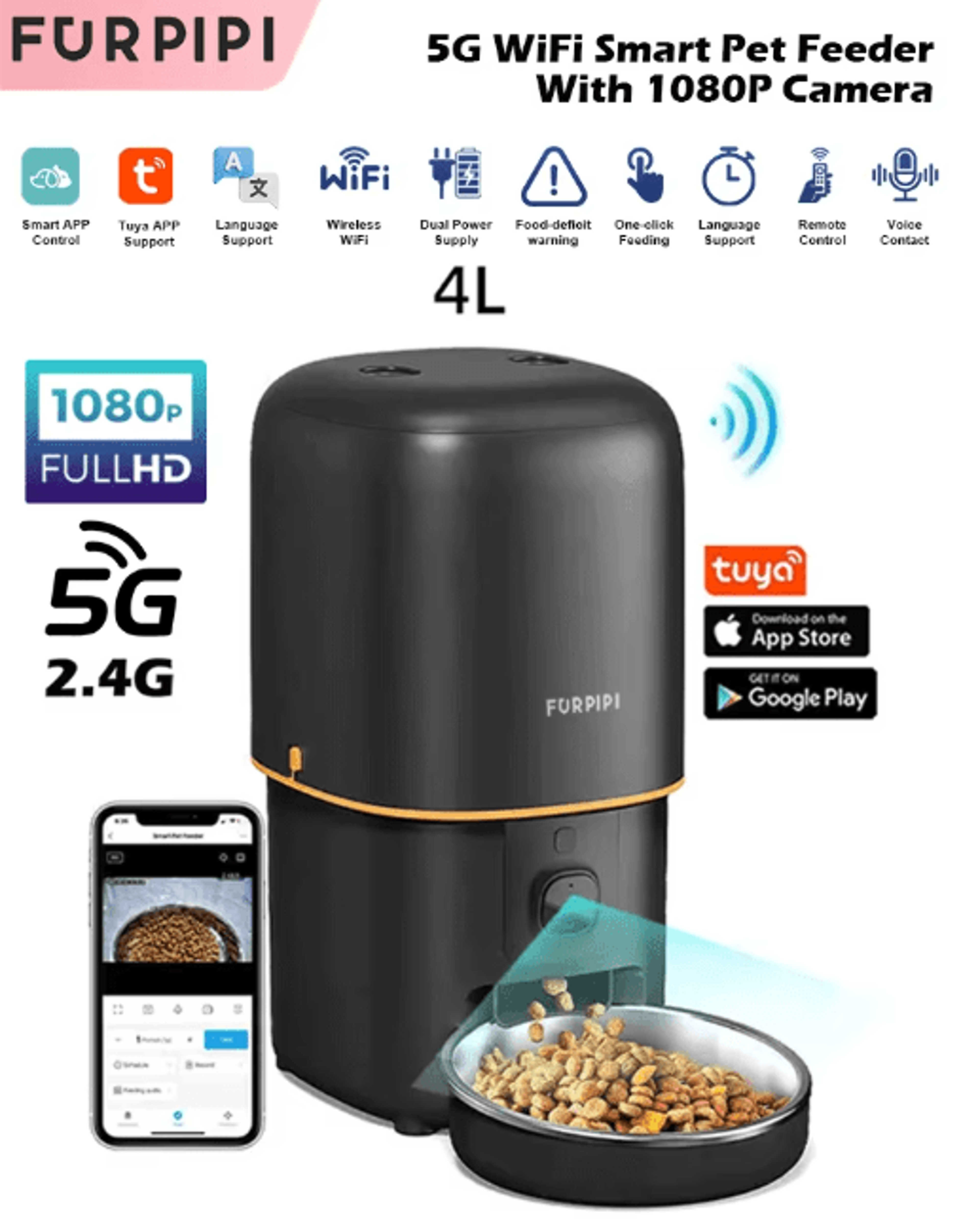 automatic cat feeder camera pet smart cat food kibble dispenser 2.4g/5gwifi tuya app control
