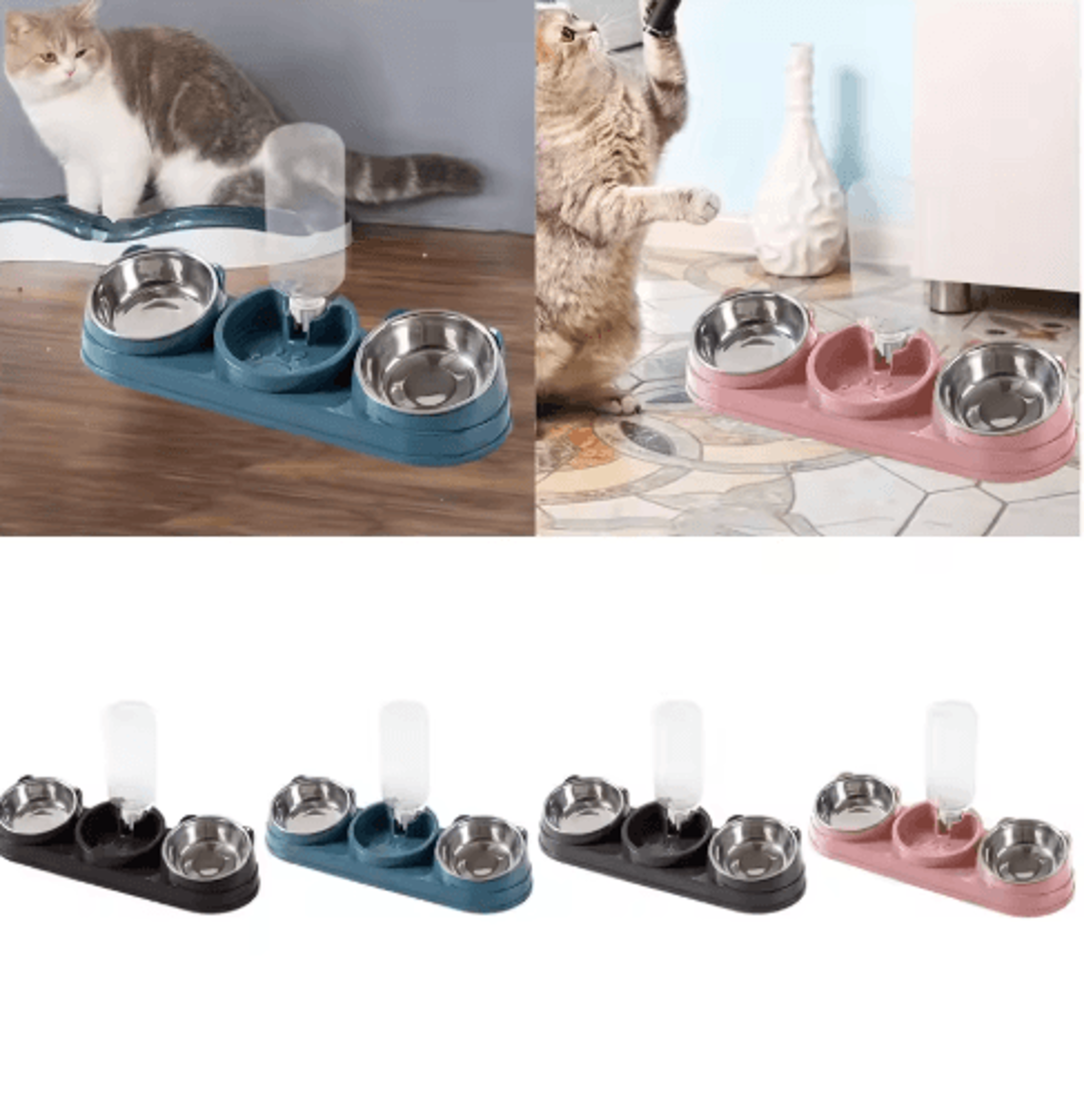 3-in-1 triple cat bowl – 15° tilted food & water feeding station