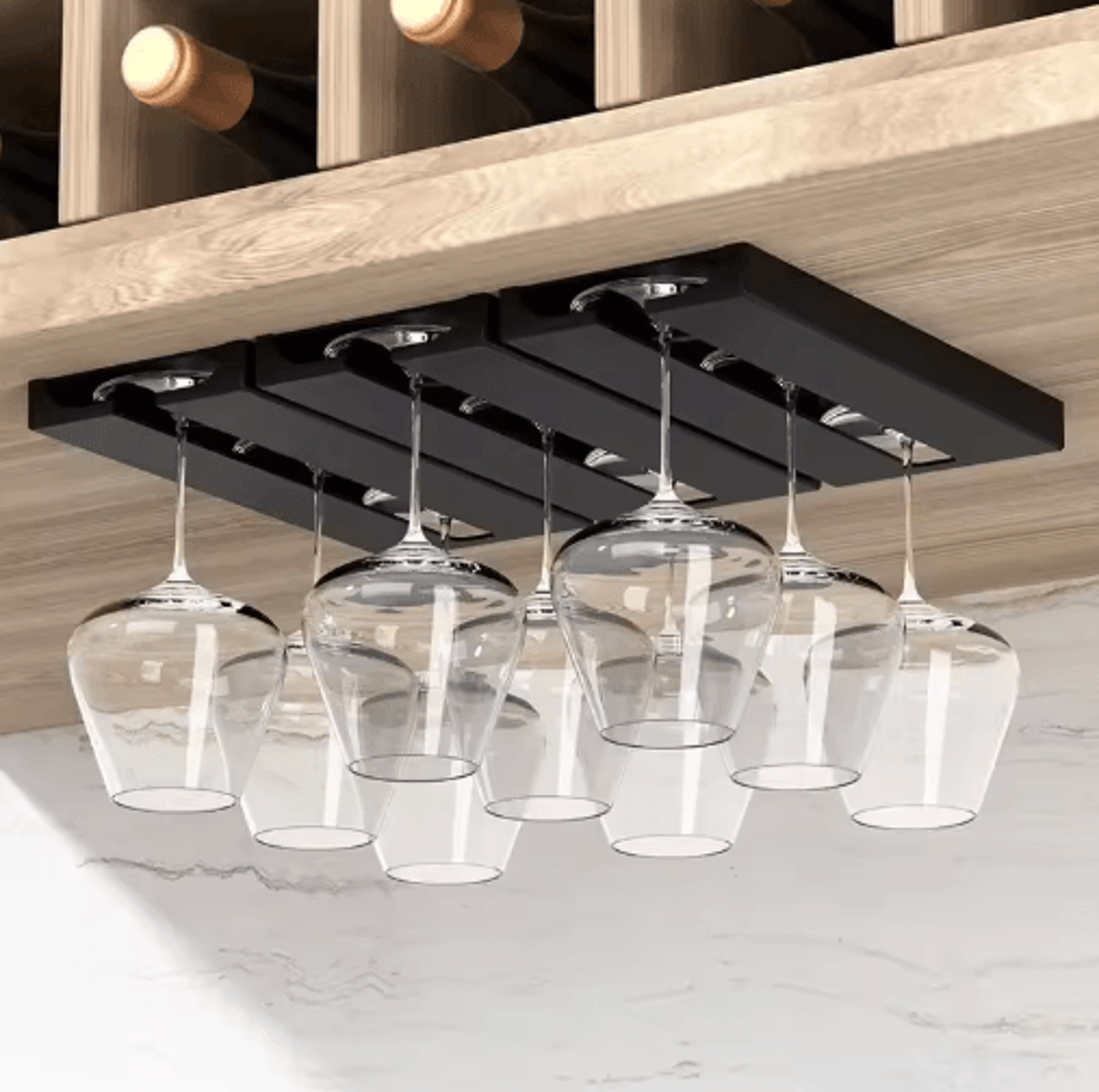 no-drill under cabinet wine glass rack for space-saving storage