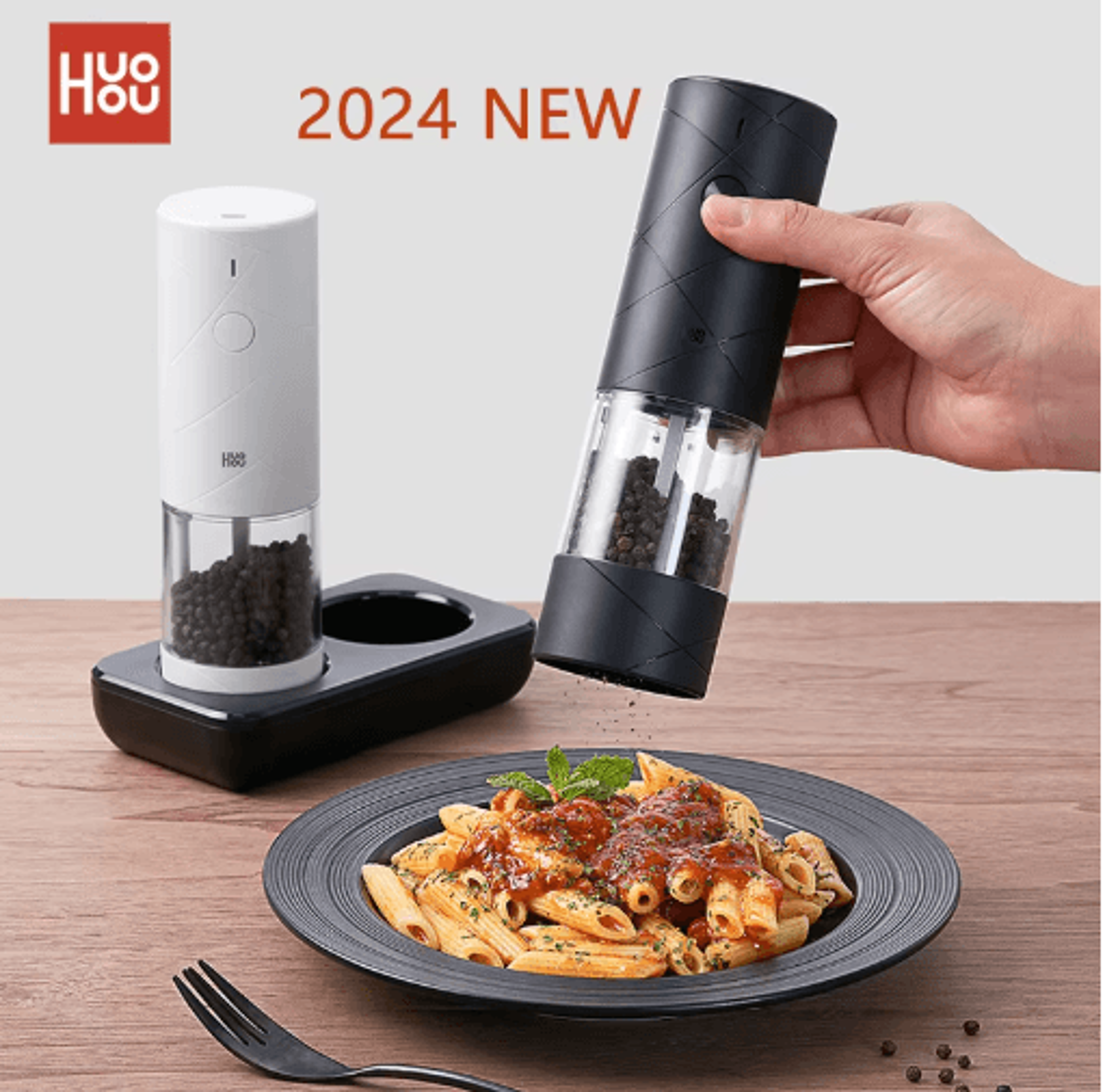 huohou 2024 electric salt and pepper grinder set – 6-mode electric spice grinder with led light (2pcs)
