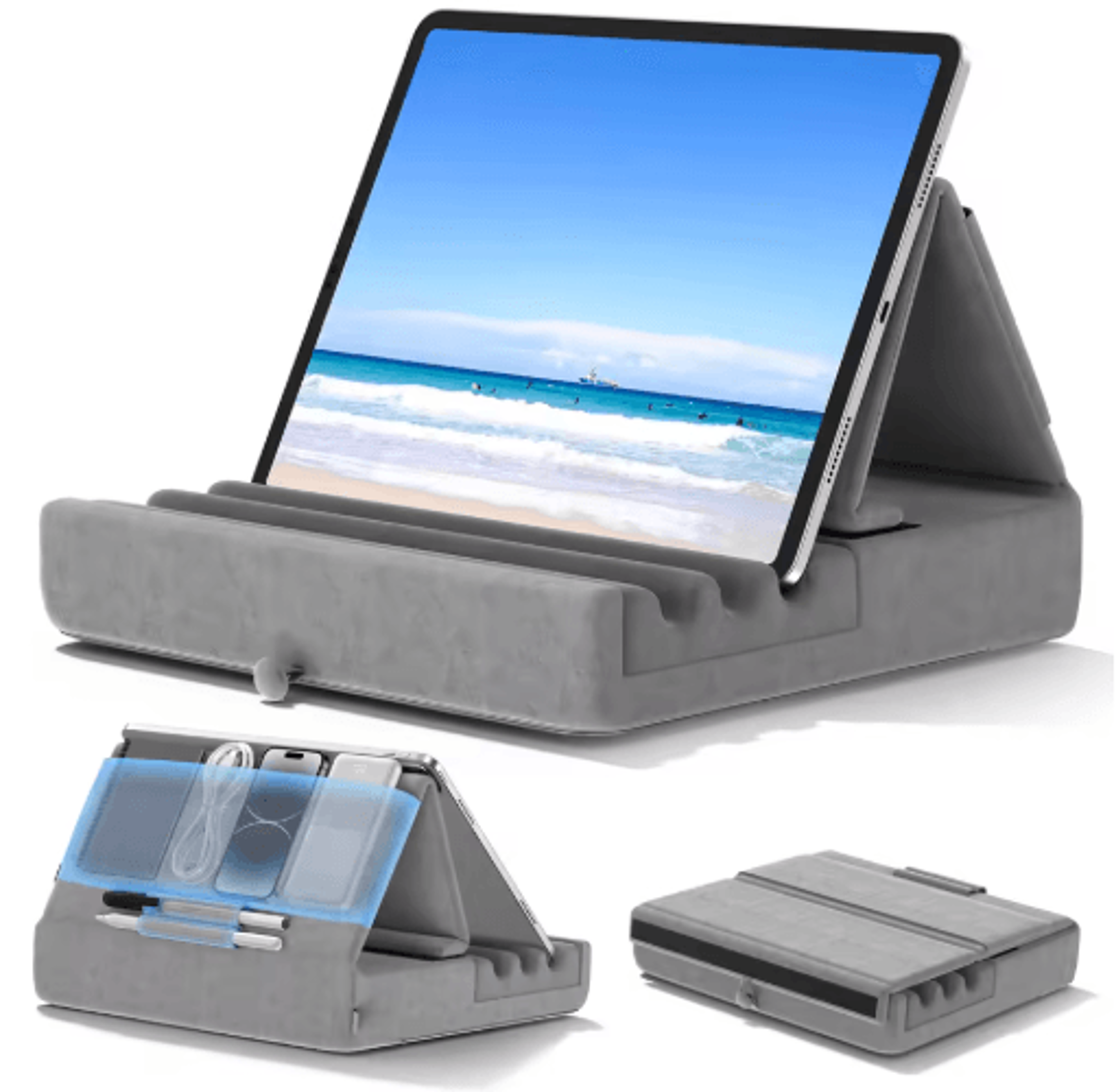 kdd flexcomfort tablet pillow stand – adjustable ipad stand for bed with pocket & stylus holder