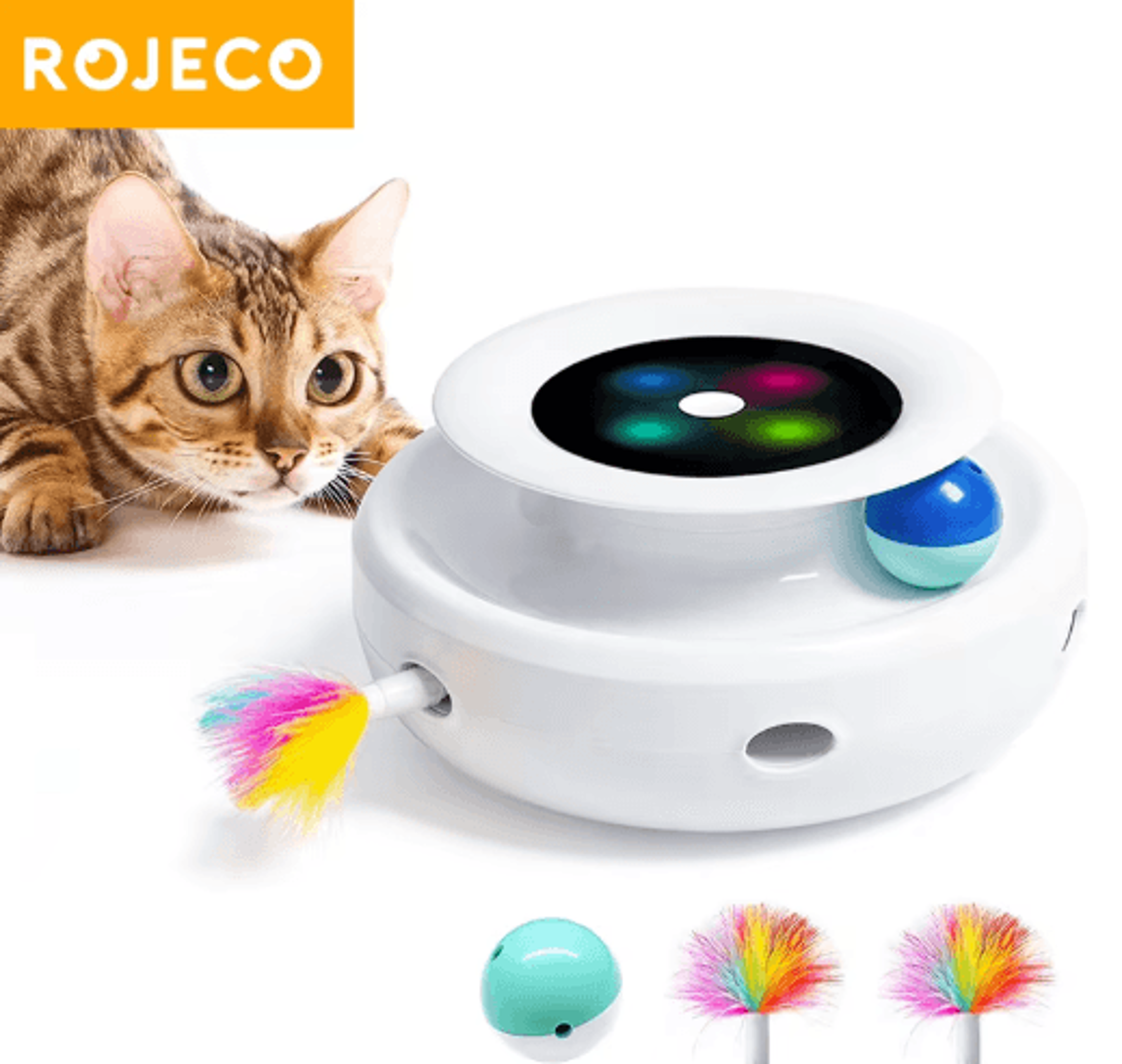 rojeco 2-in-1 interactive cat toy set – smart automatic cat toy with feather & rolling ball