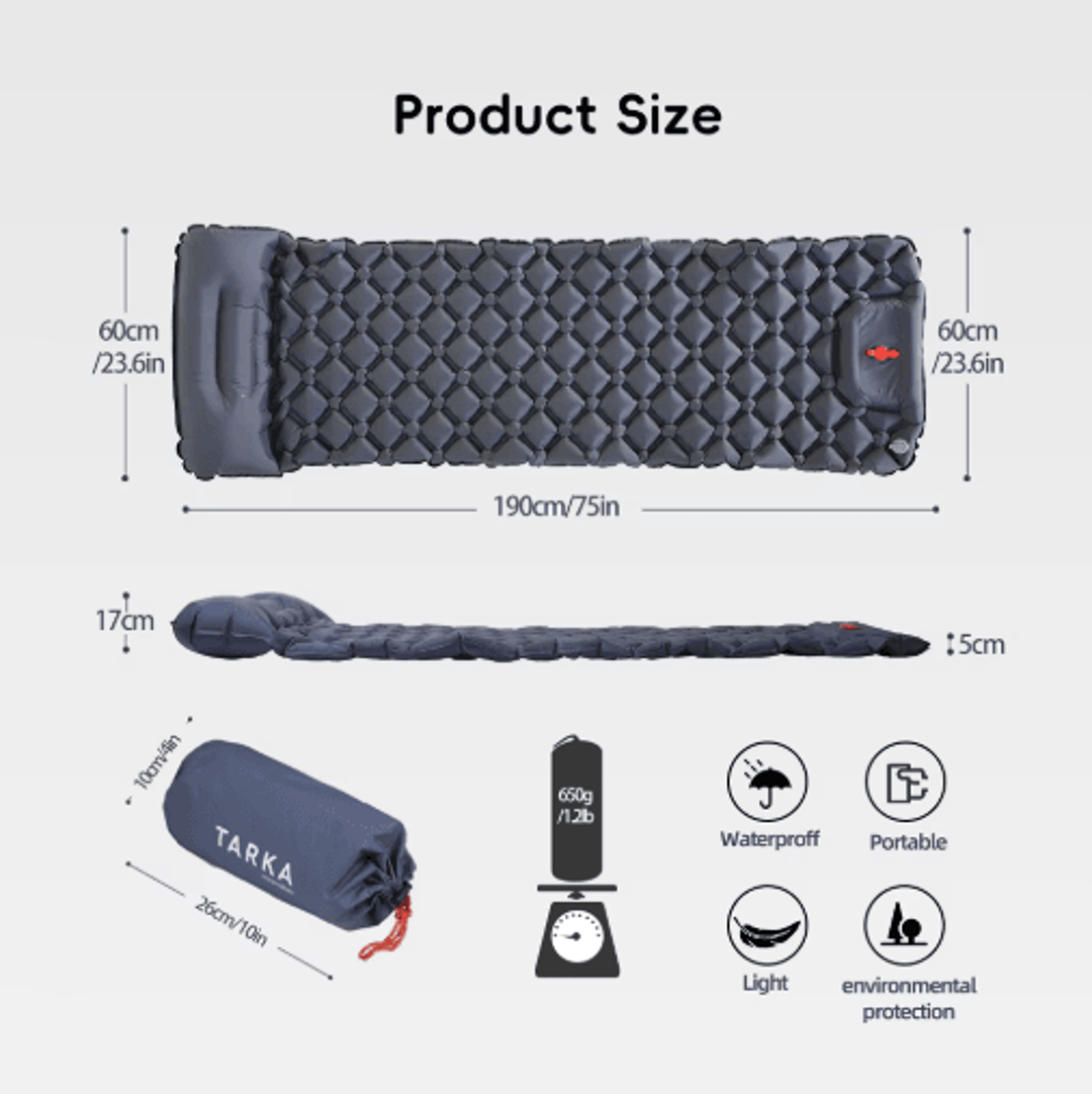 tarka inflatable camping sleeping pad with pillow lightweight camping air mattress for hiking & outdoor comfort