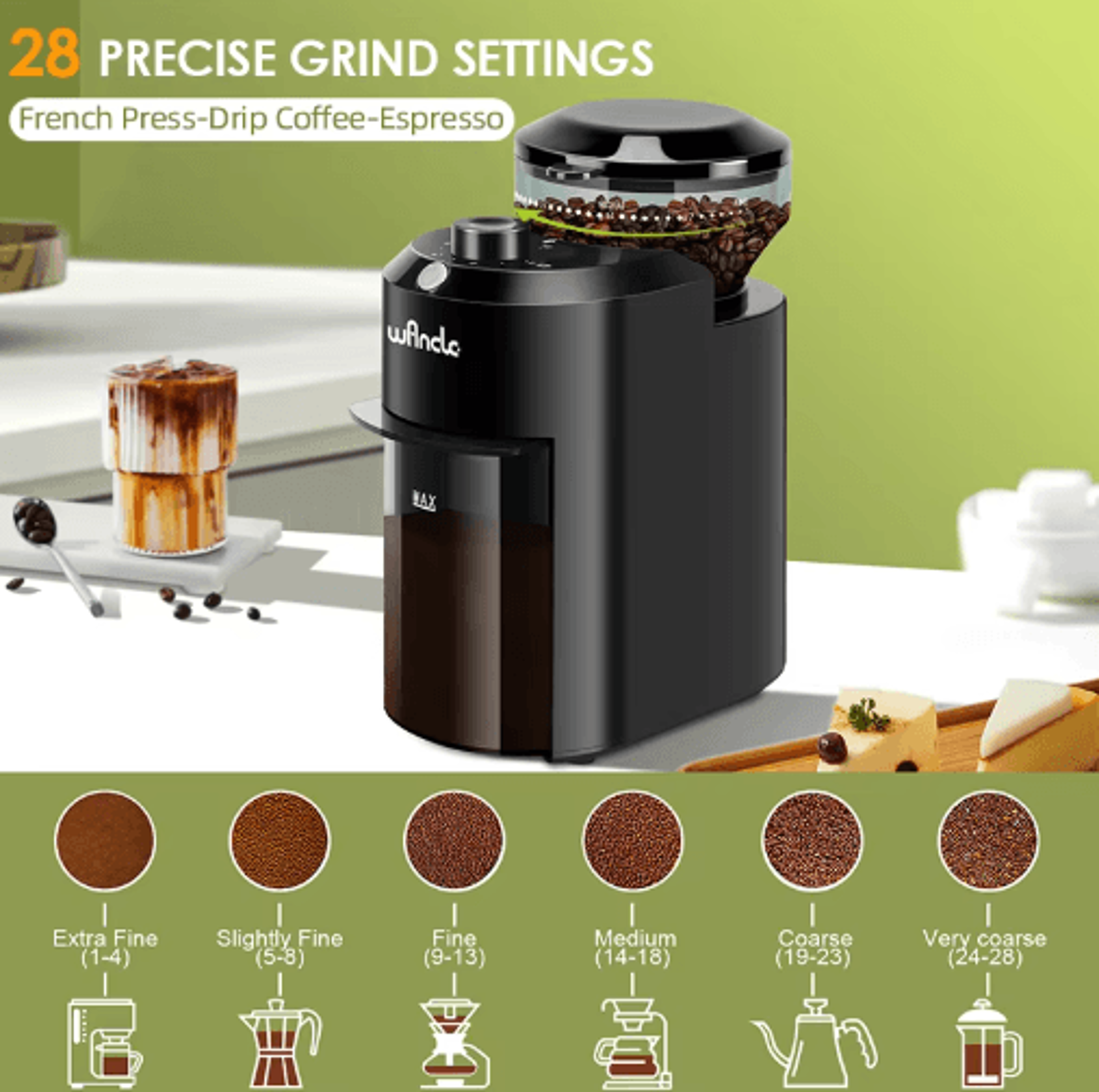 wancle conical burr coffee grinder – 28 grind settings electric precision mill