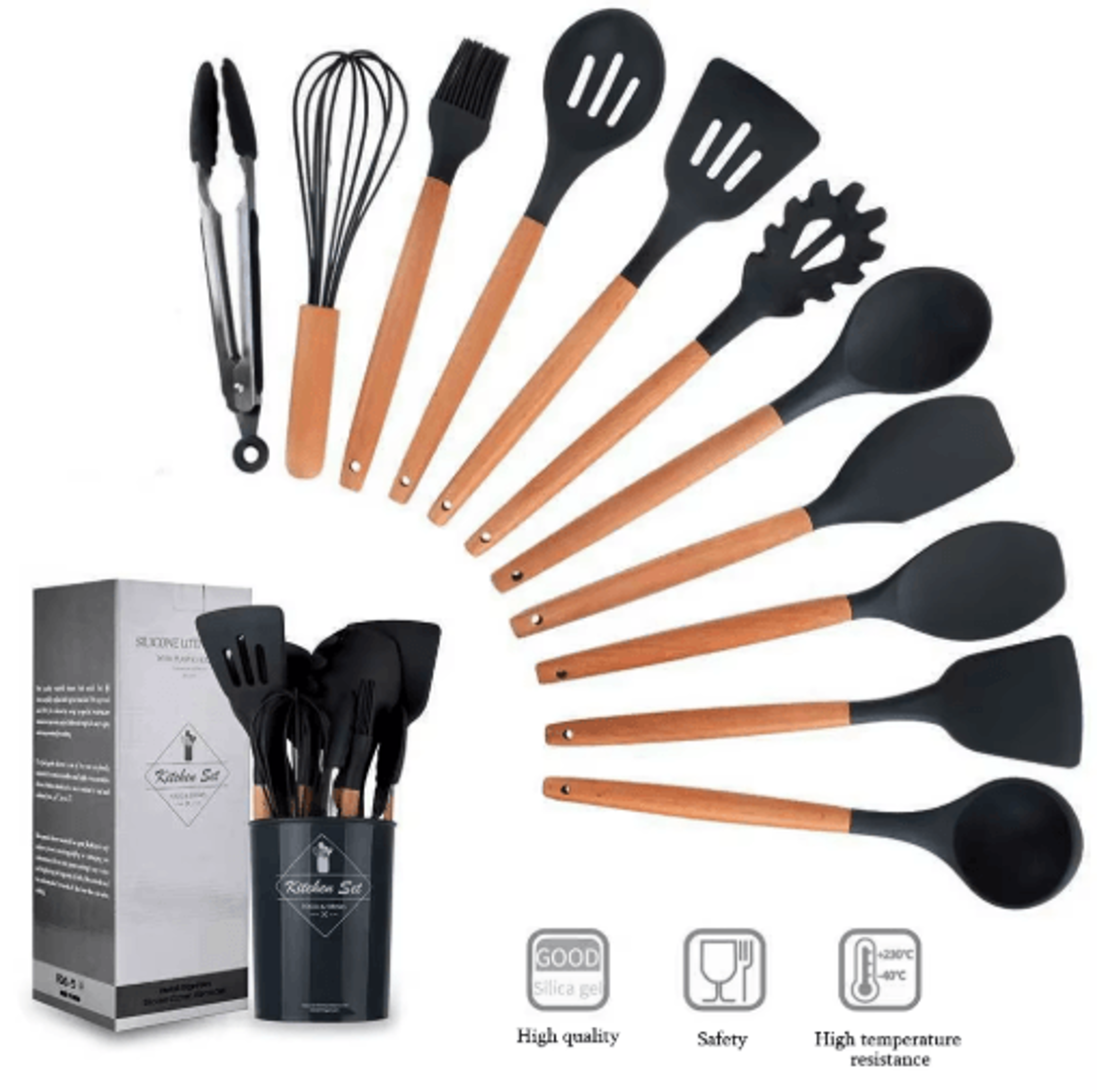 12-piece silicone kitchen utensil set – non-stick cooking tools with wooden handles