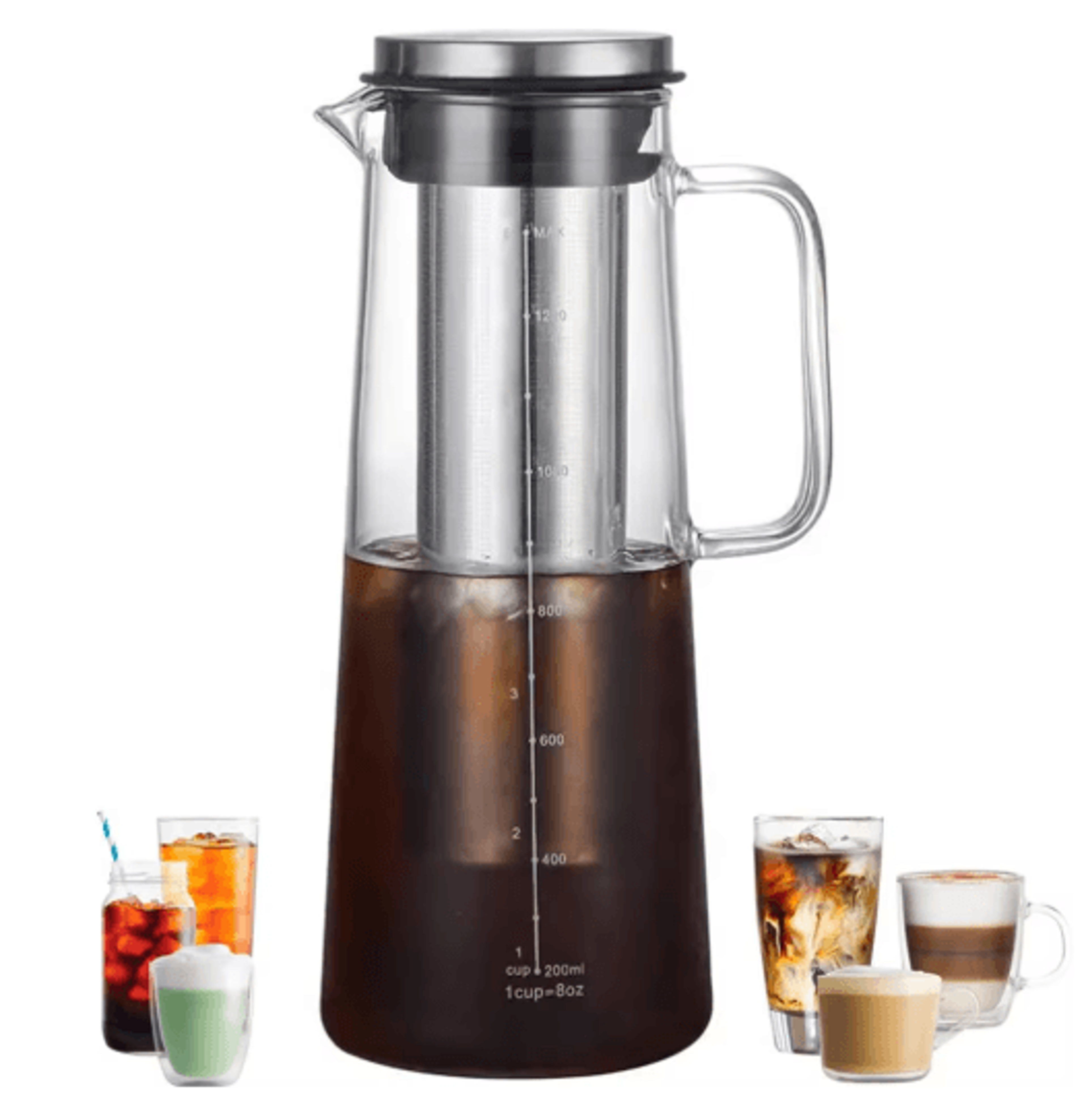 leeseph cold brew coffee maker 1l glass pitcher with stainless steel filter & tea infuser