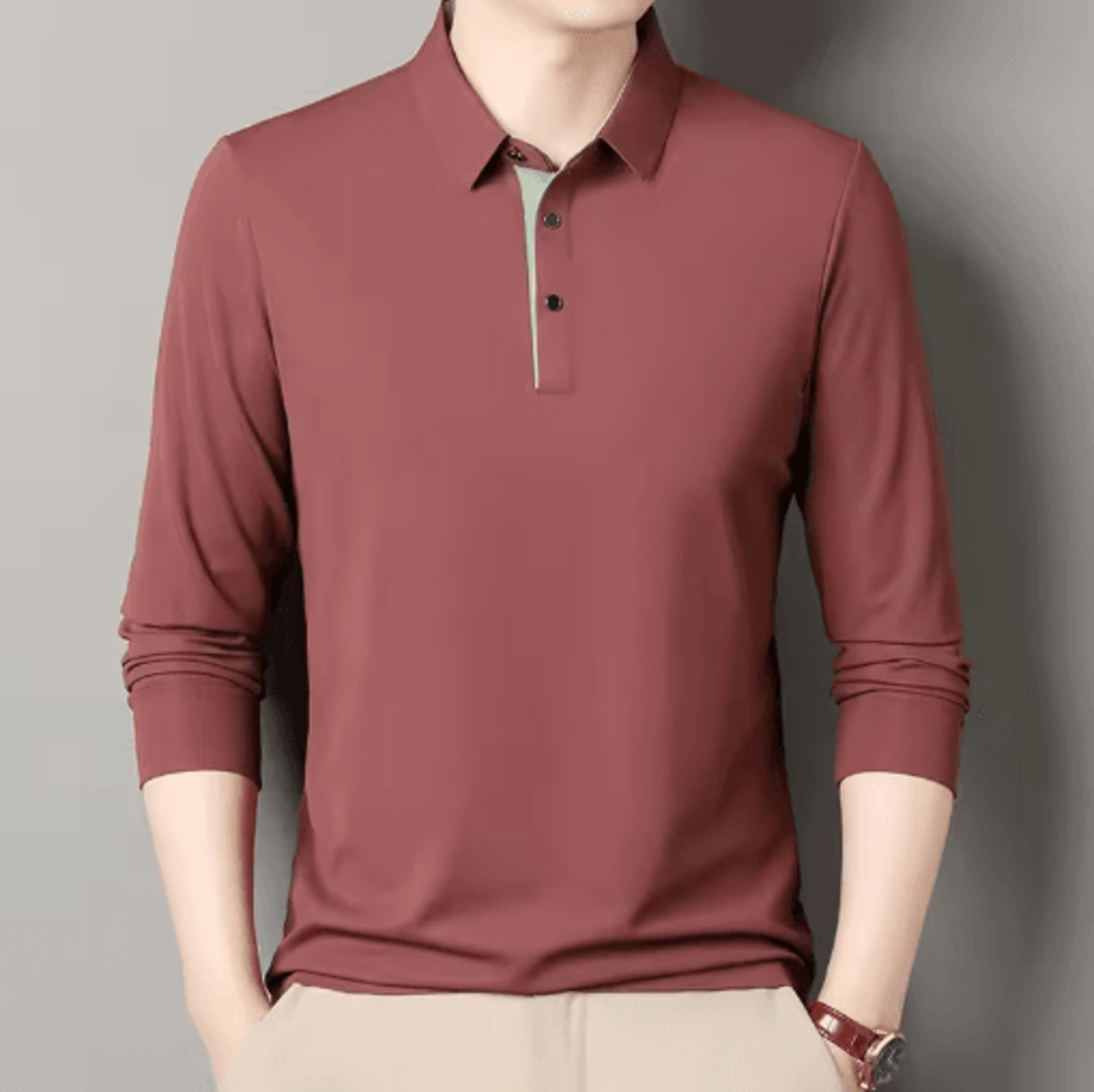 mens long sleeve polo shirt 2025 business casual breathable solid color top
