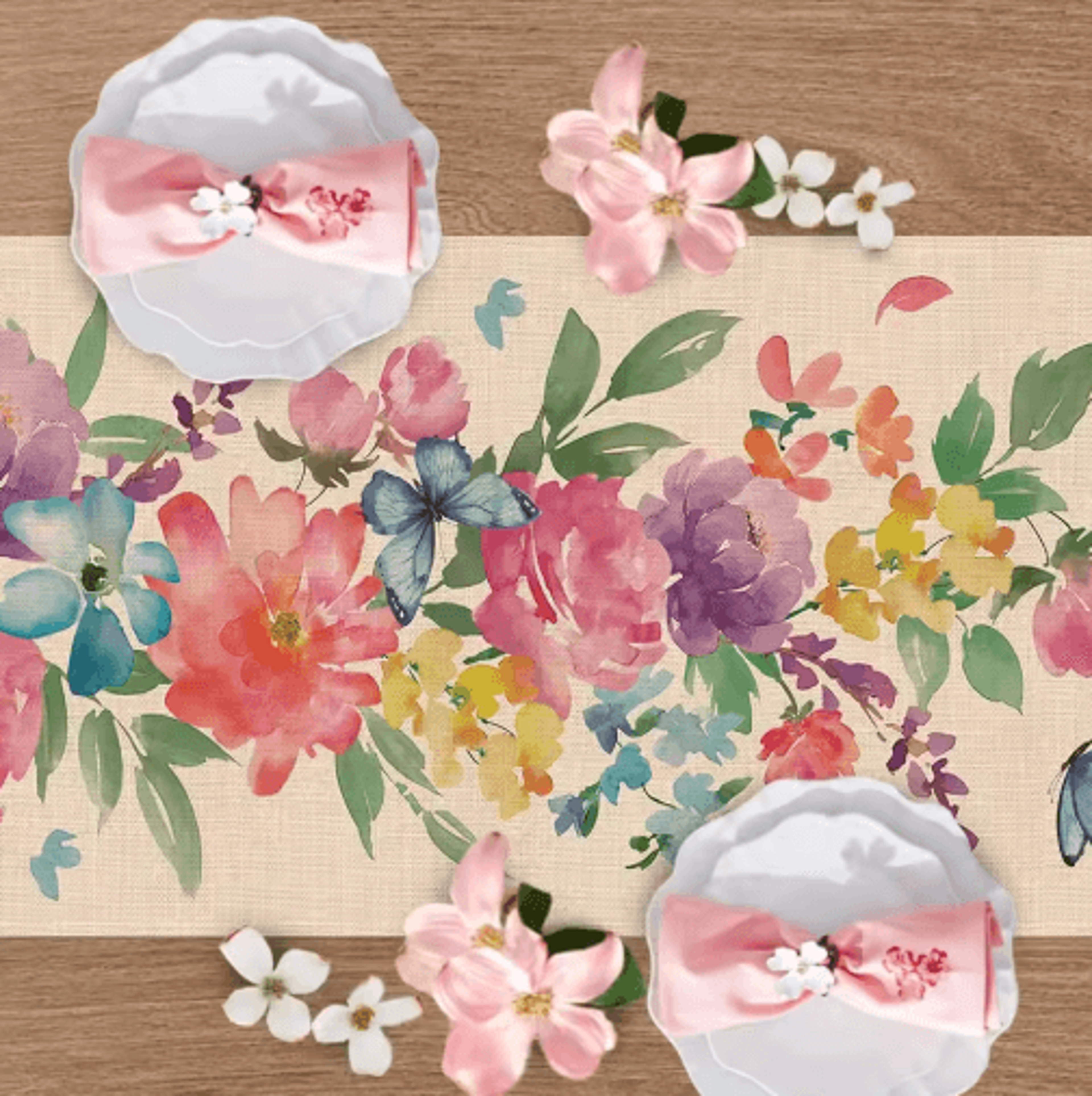 bloomlinen watercolor floral table runner with butterfly design