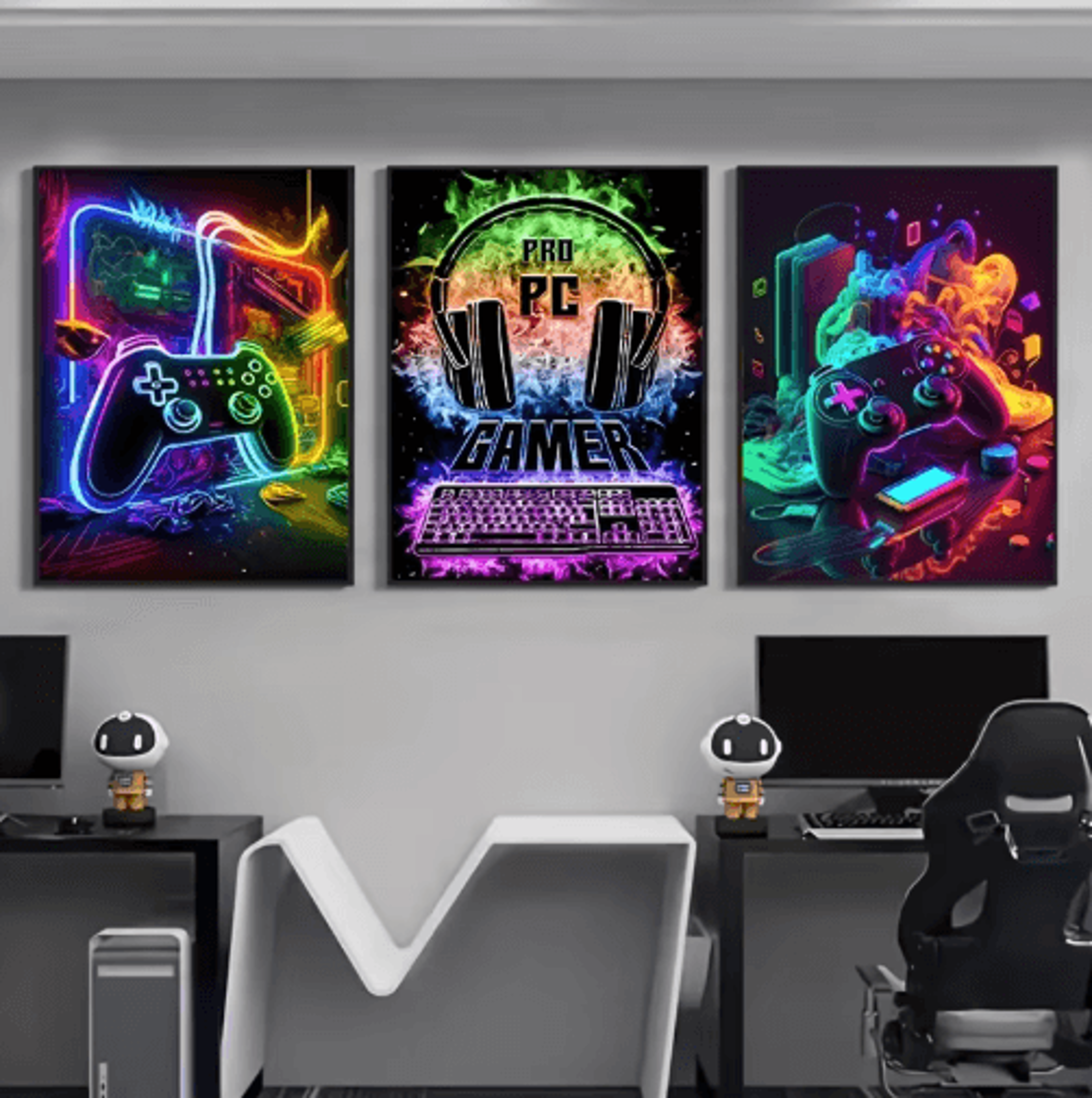 gaming room wall art set – 3pcs gamepad punk style canvas posters for gamers