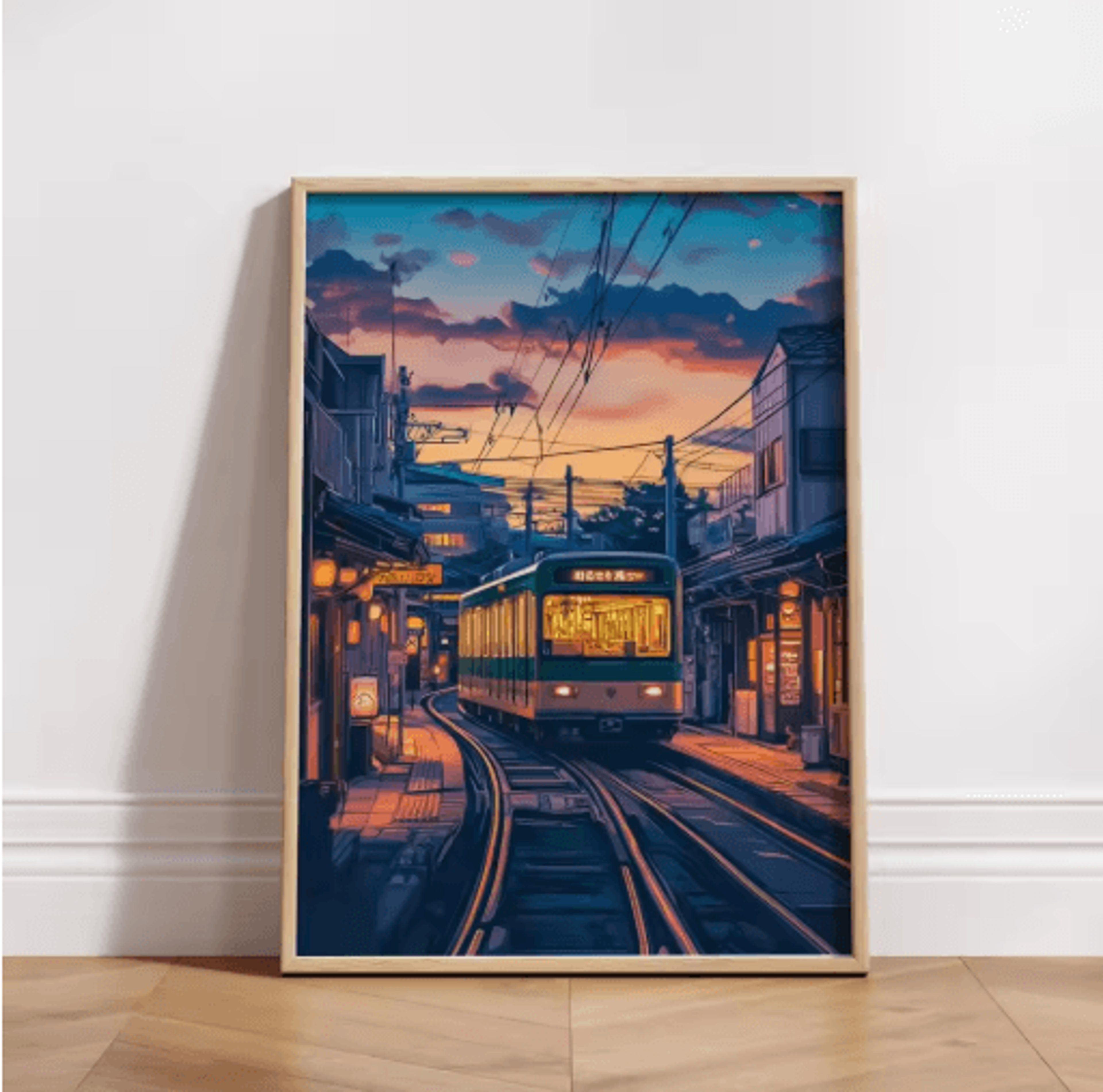 tokyo rainy night railway canvas print – retro japanese cityscape wall art decor