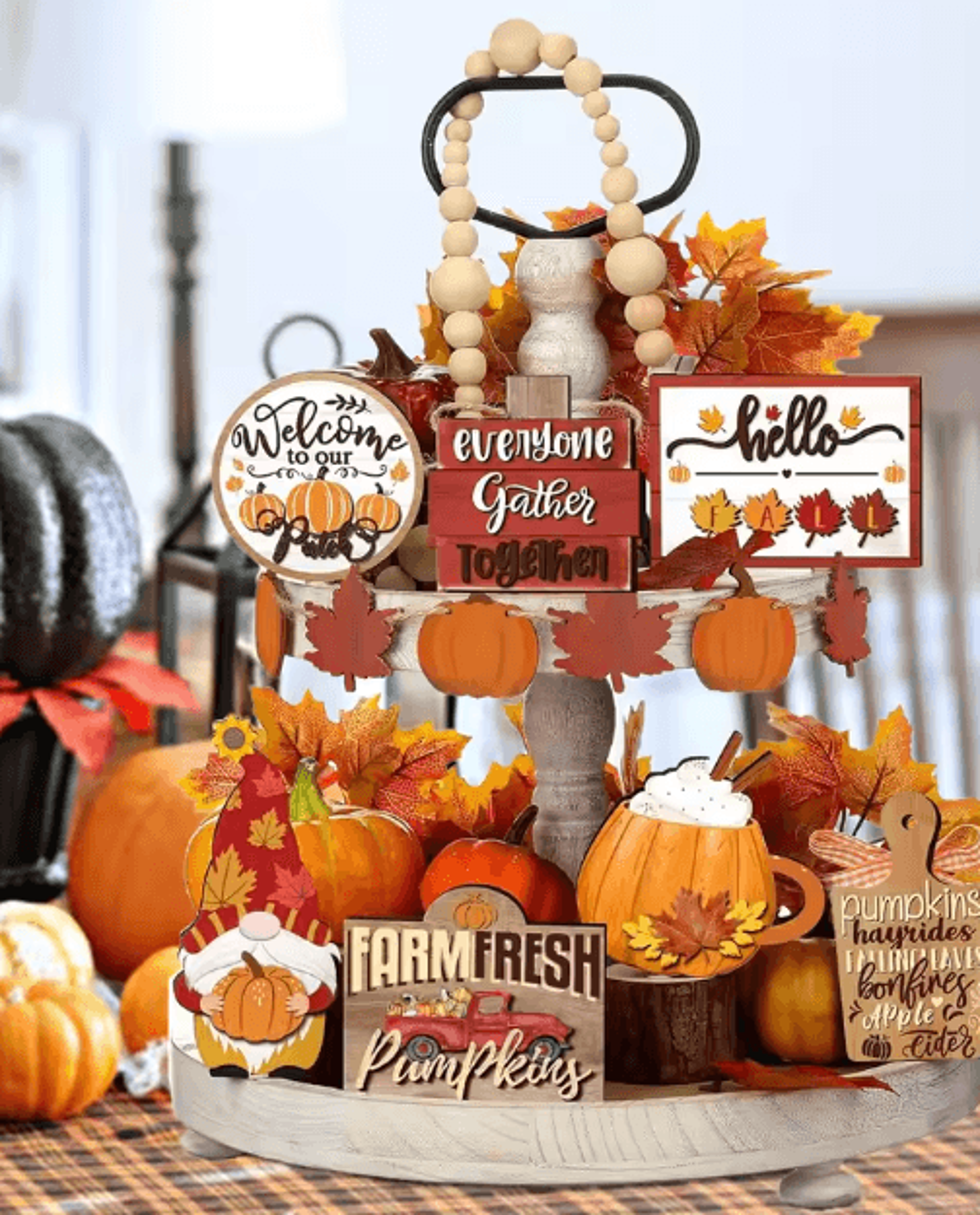 farmhouse fall tiered tray decor set – pumpkin spice autumn centerpiece accents