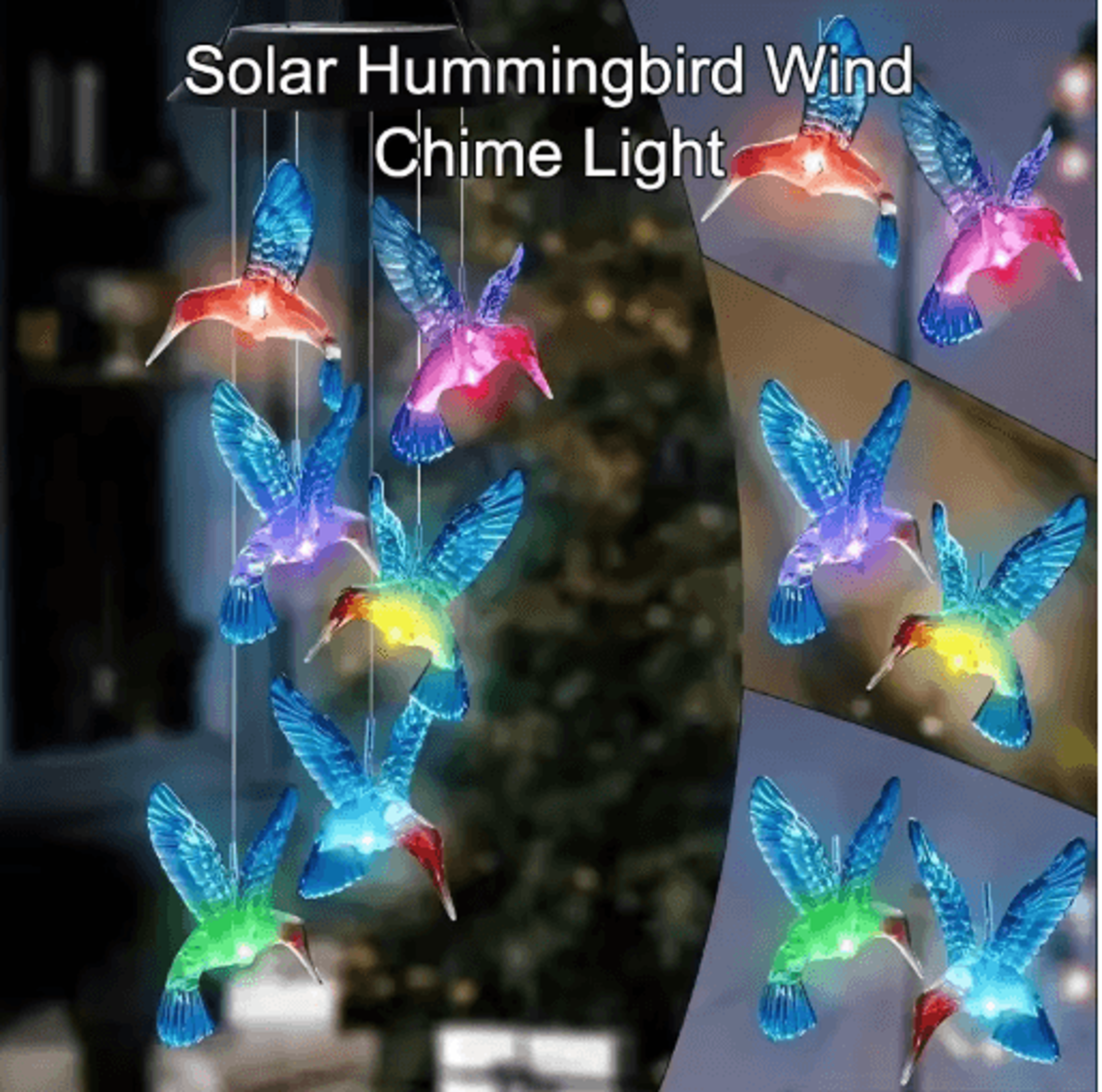 solar led hummingbird wind chimes color changing garden decor lights