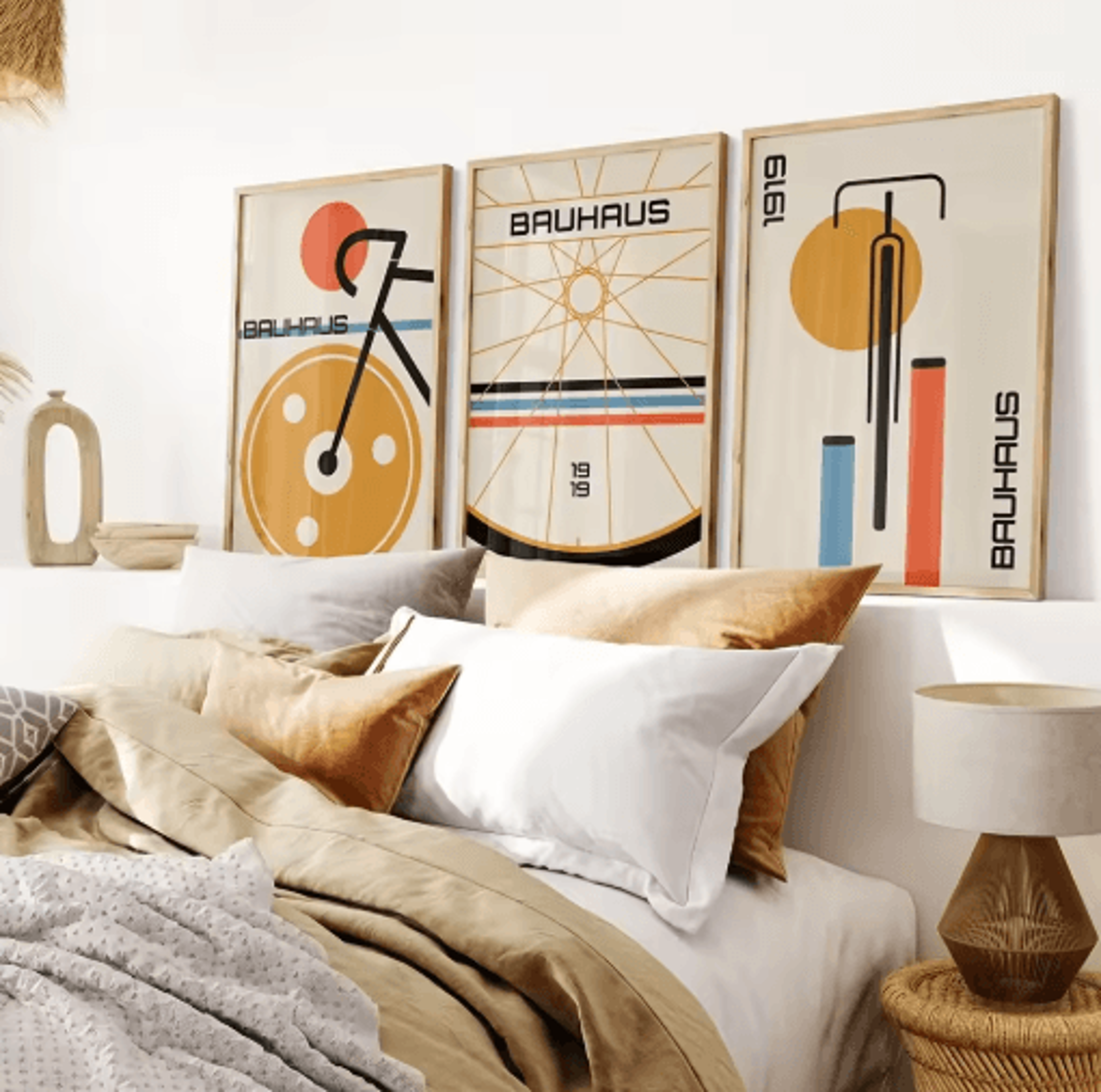 bauhaus bicycle canvas poster set mid century modern wall art 3pcs