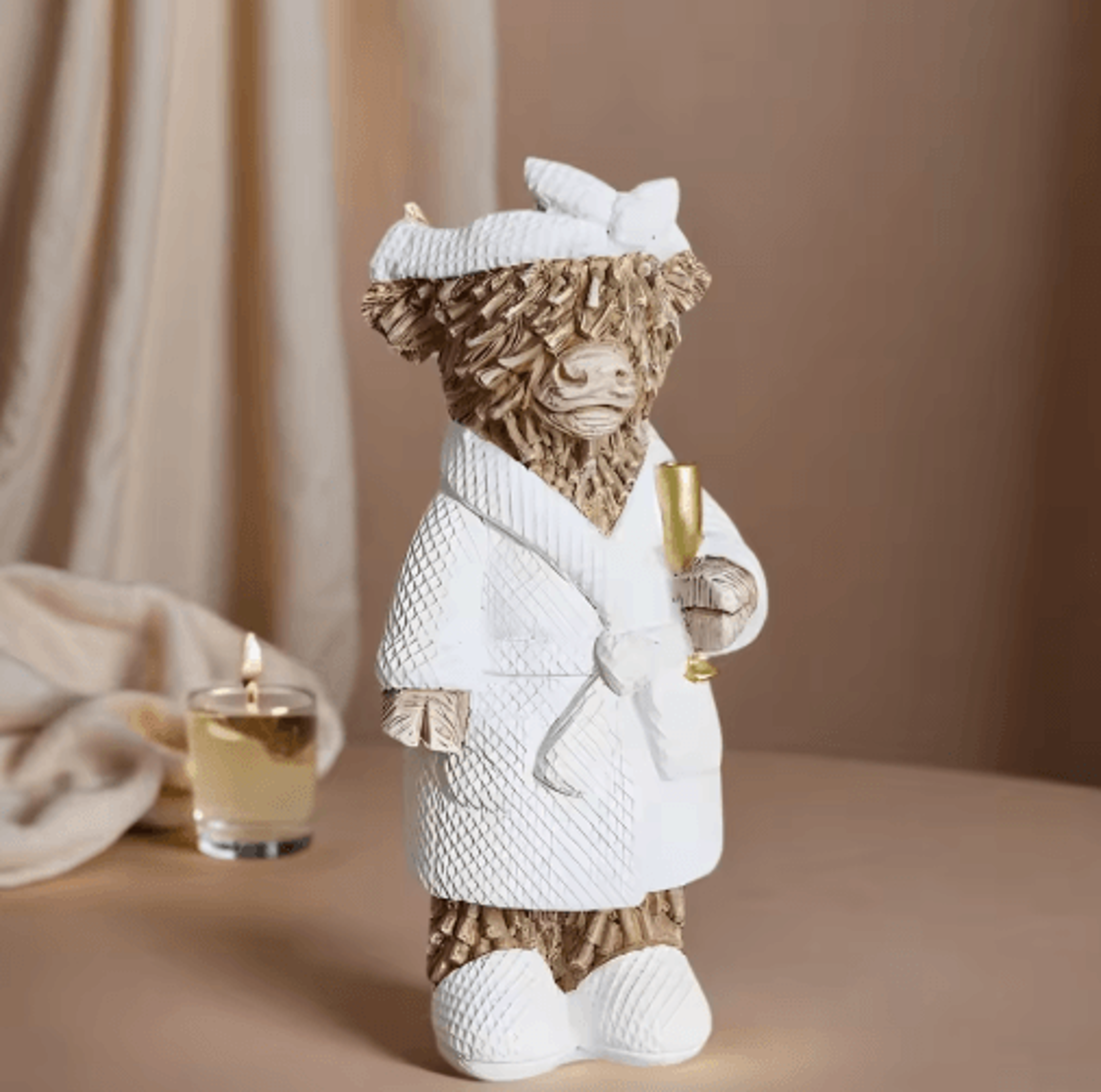 highland cow champagne statue – rustic farmhouse animal decor & funny gift accent