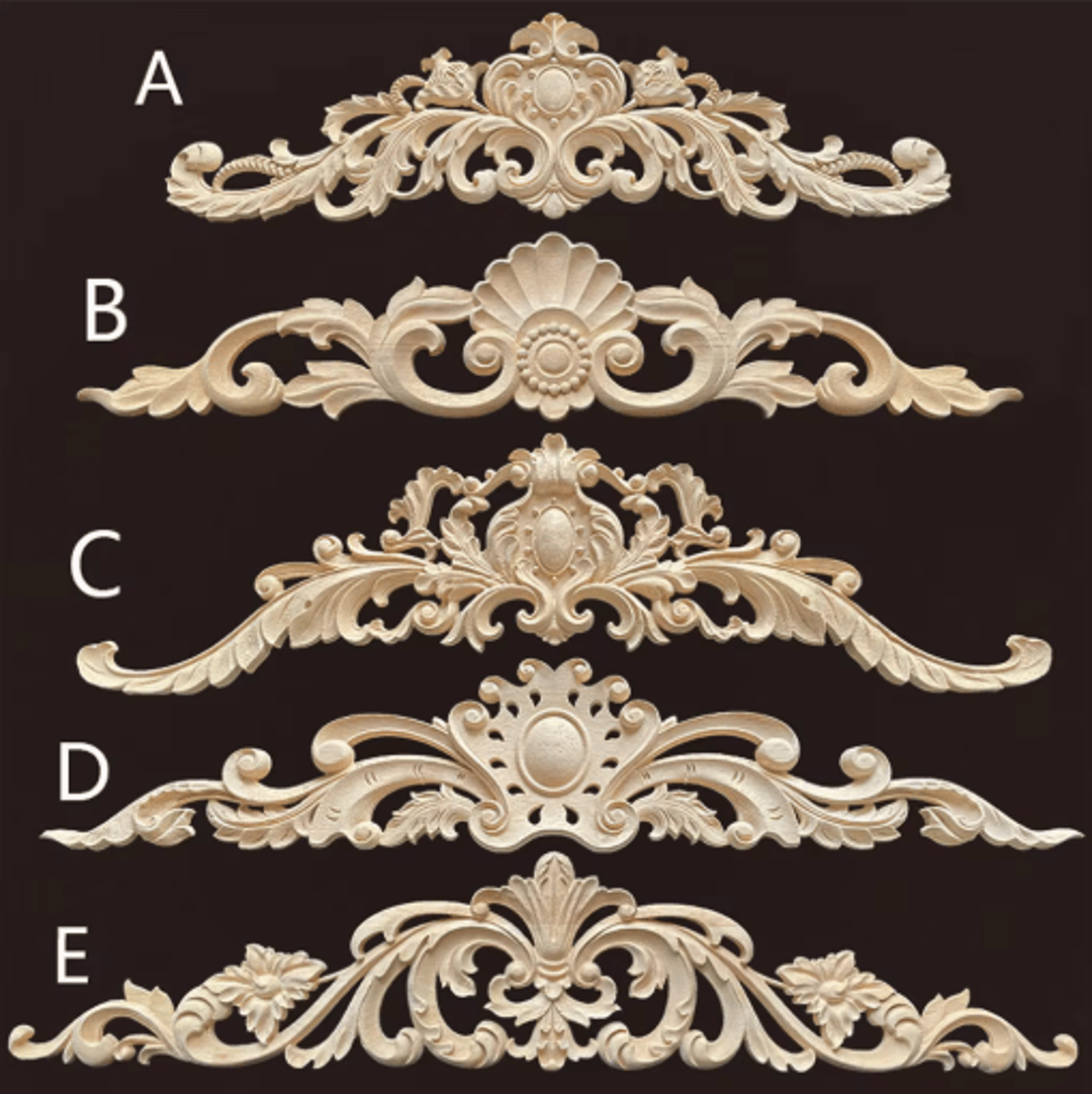 hand-carved wooden appliques & onlays decorative furniture trim accents