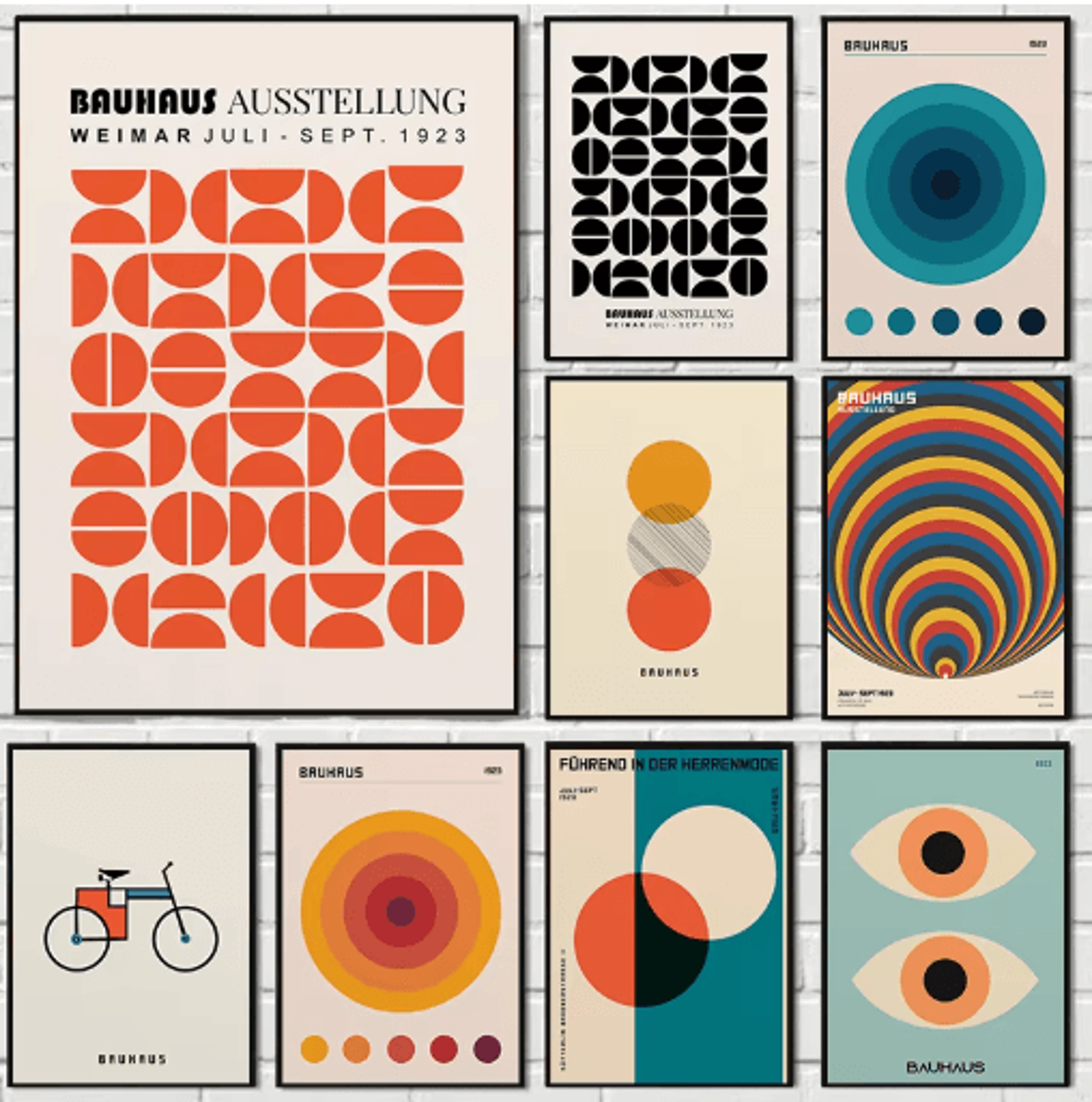 abstract bauhaus orange wall art modern geometric sunrise bicycle poster