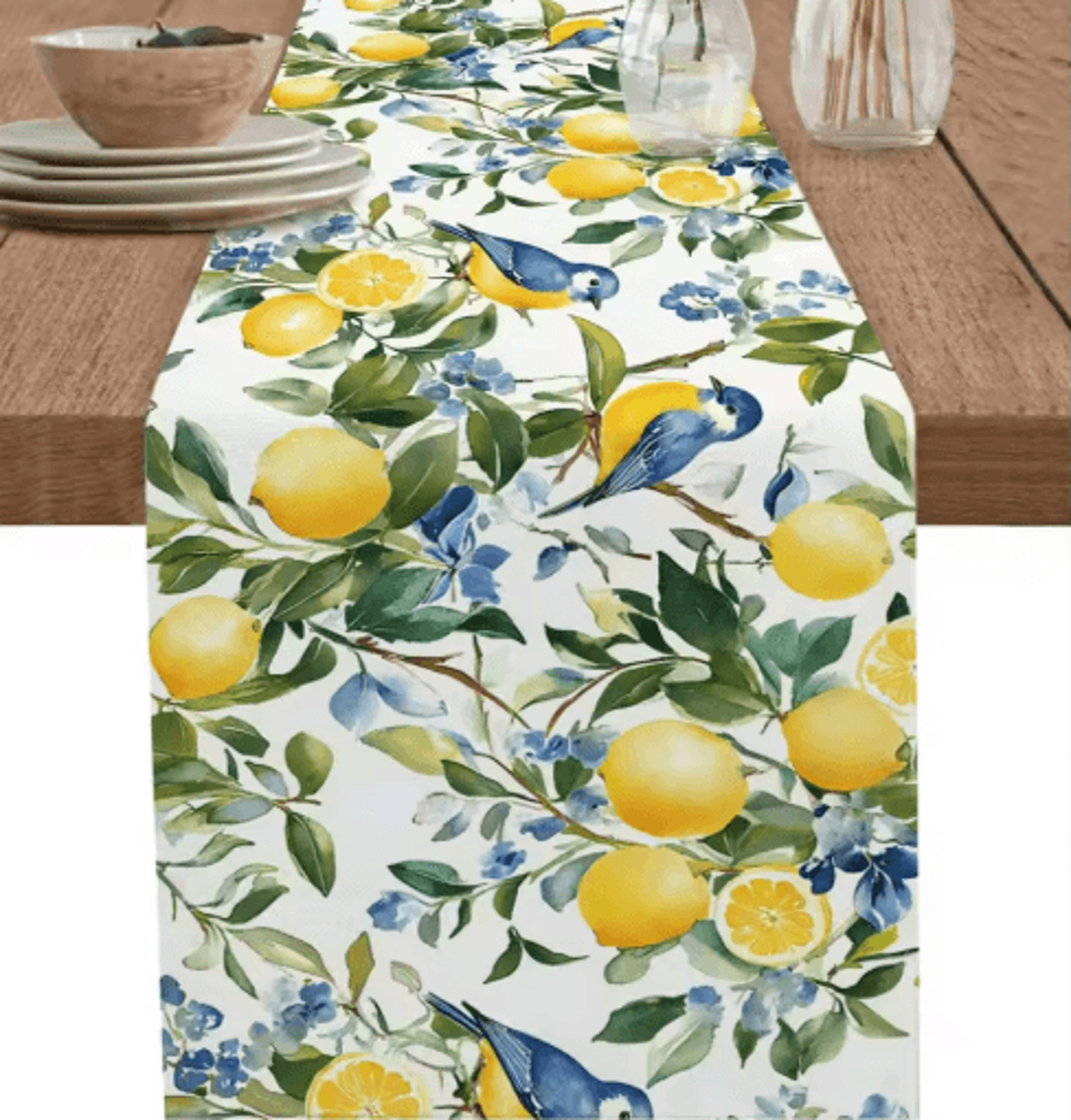 lemon tree linen table runner with blue birds vintage floral holiday table decor