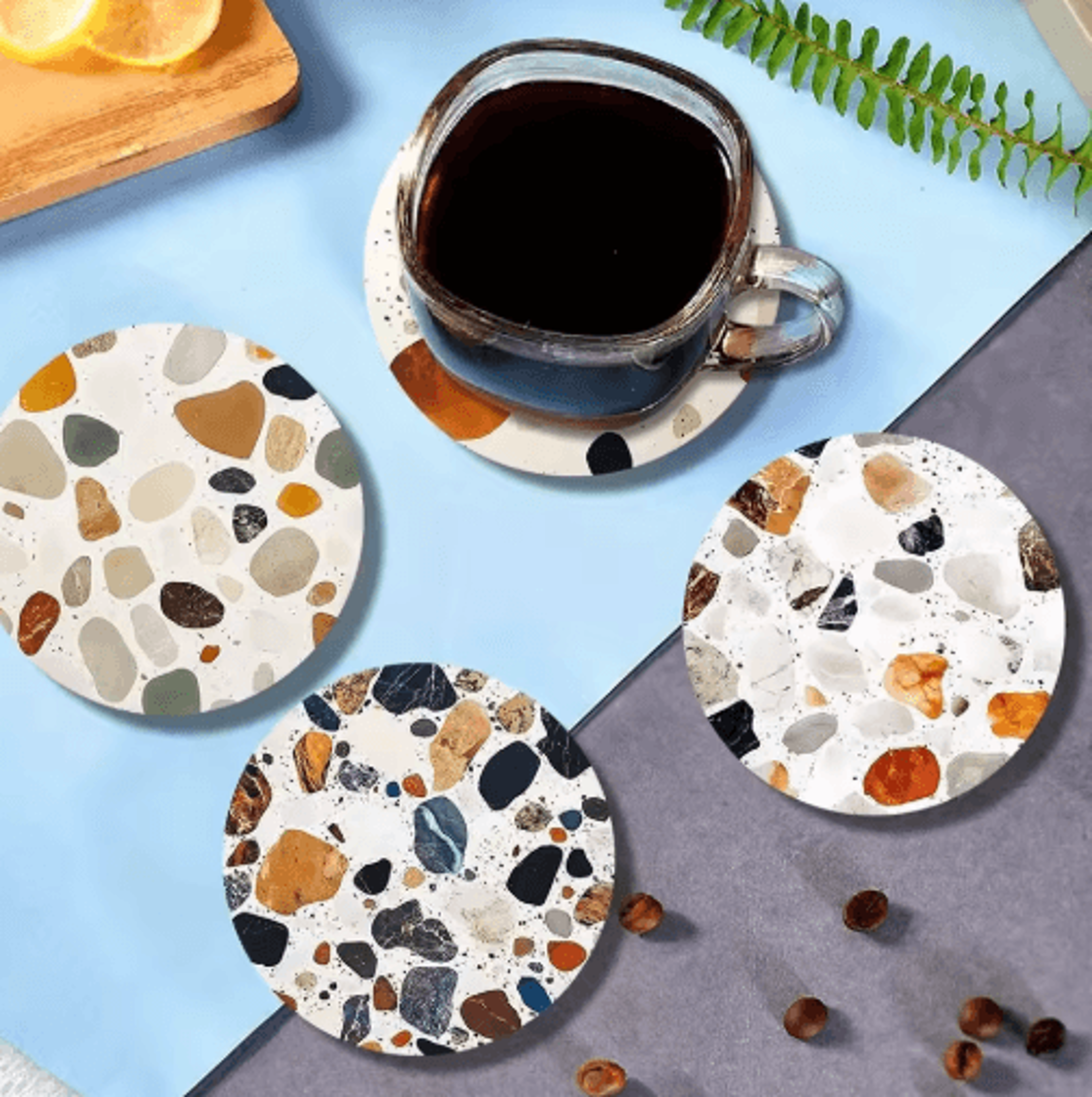 6-piece wooden coasters set – stone pattern coffee cup coasters for stylish table protection