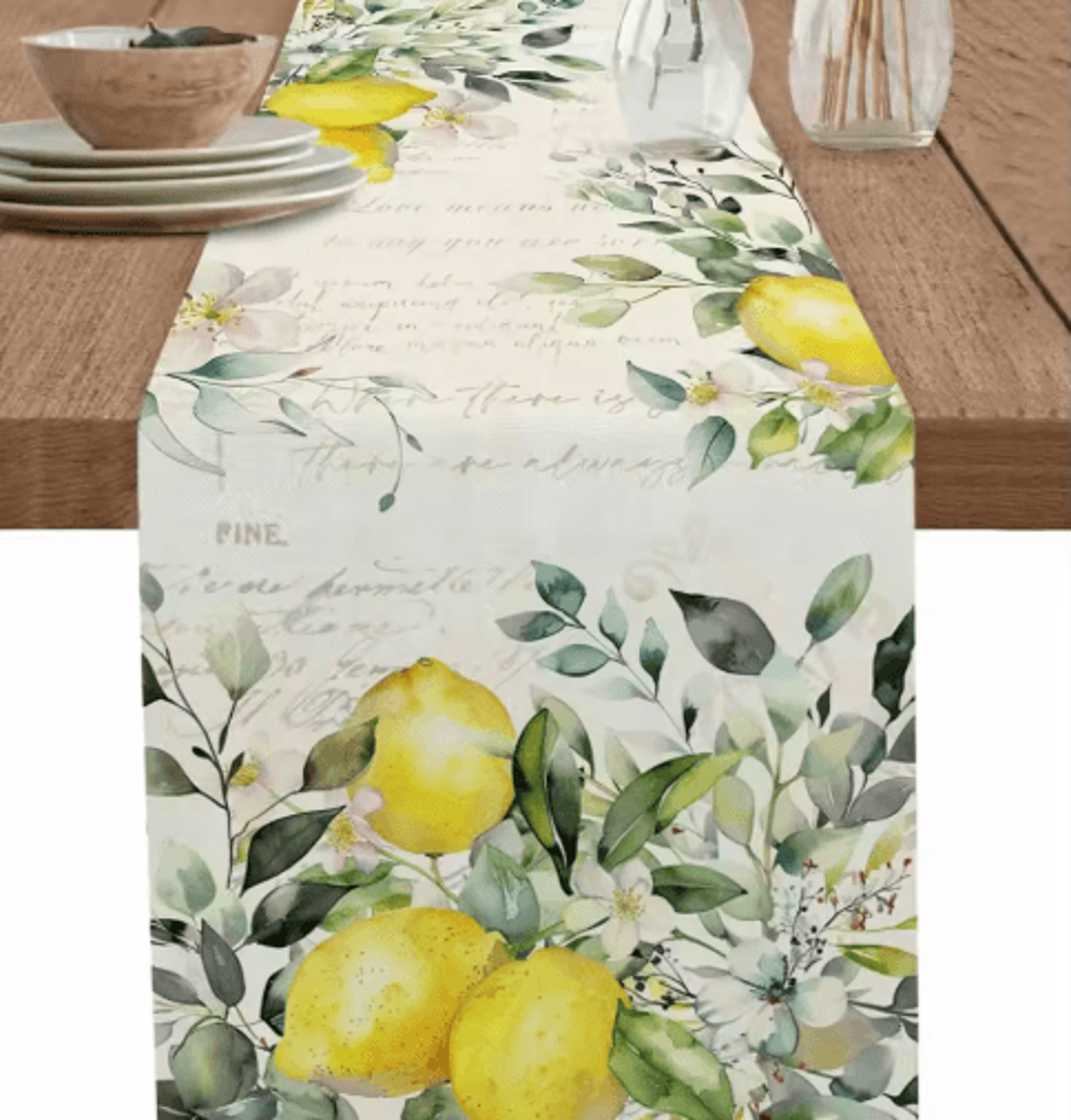 eucalyptus & lemon linen table runner – fresh floral spring farmhouse table decor