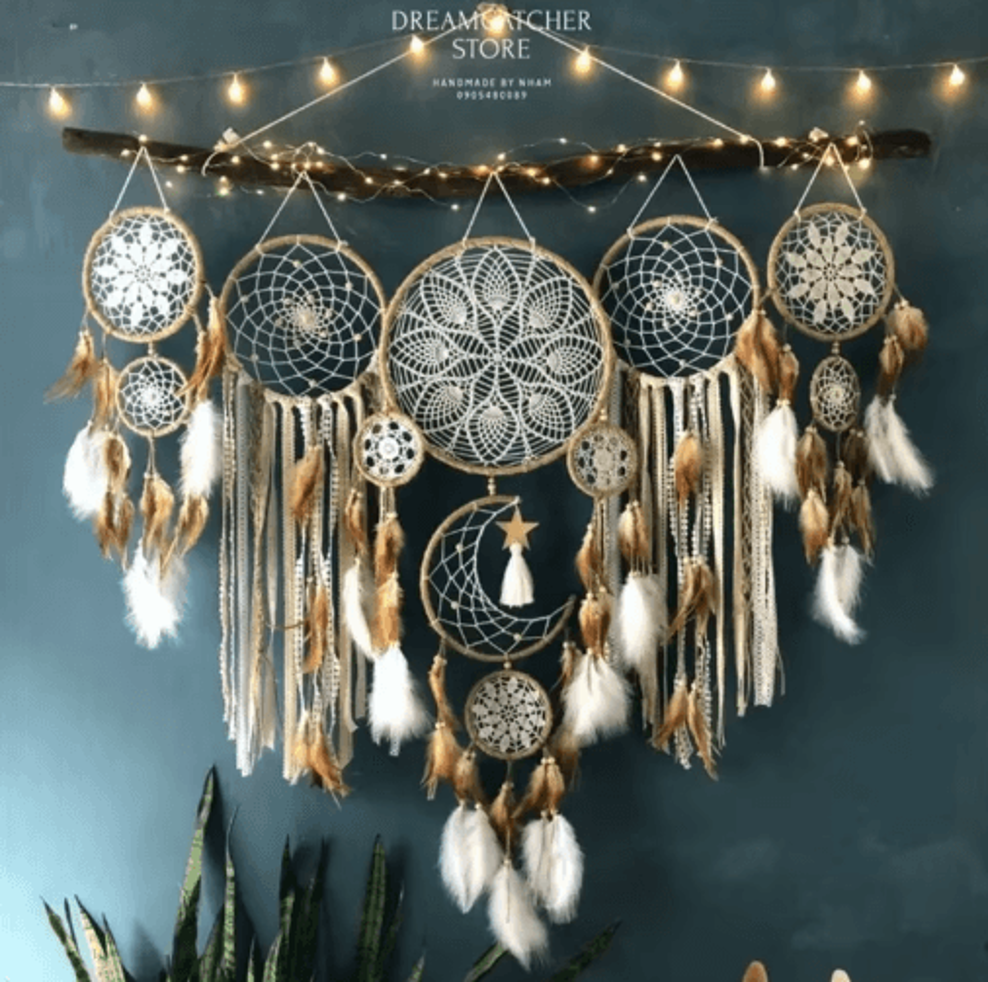 boho macrame dream catcher set – 5-piece moon wall hanging decor for home & nursery