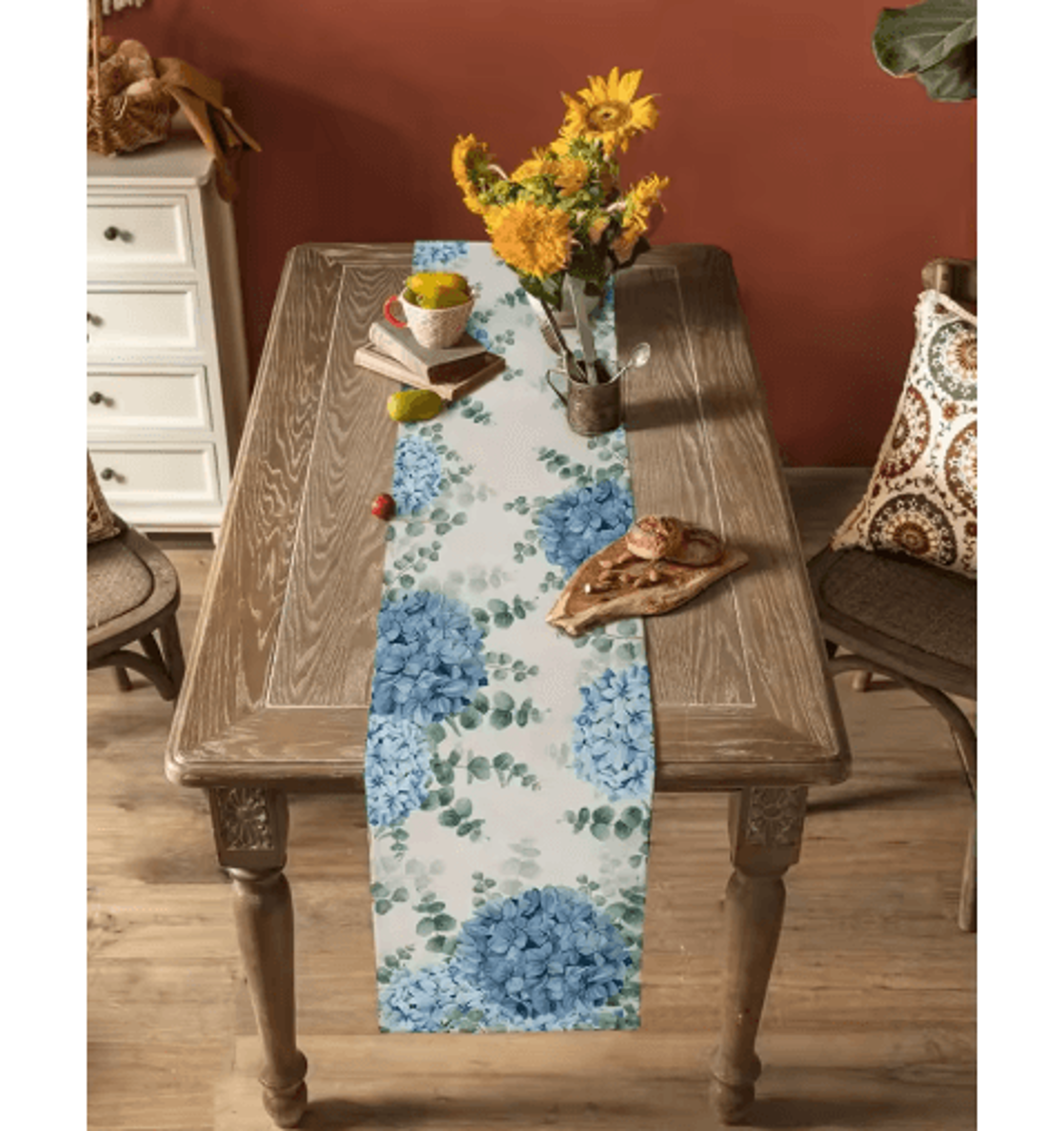 blue hydrangea & eucalyptus table runner – elegant floral farmhouse & wedding decor