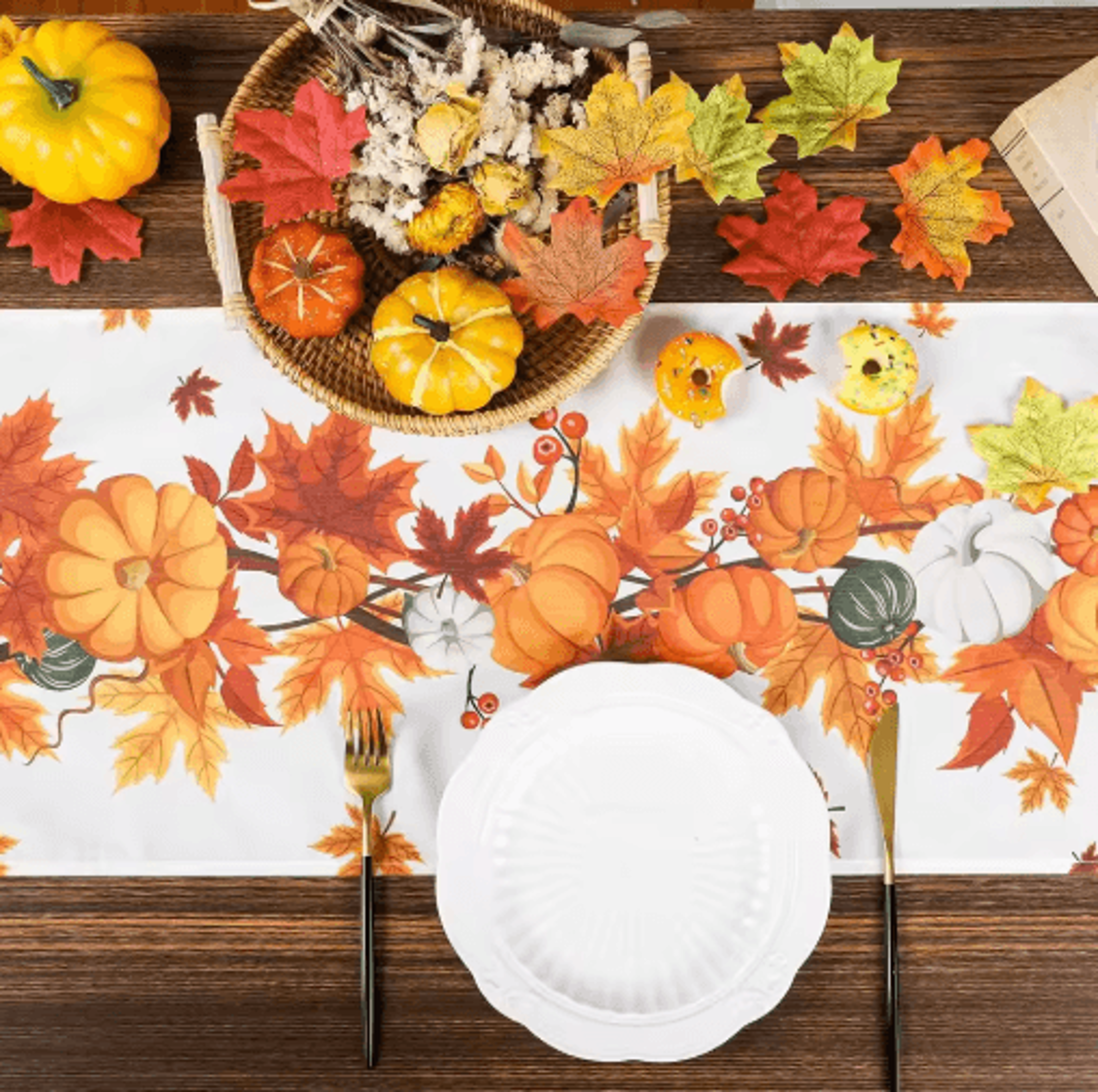 thanksgiving pumpkin linen table runner – autumn harvest maple leaf table decor
